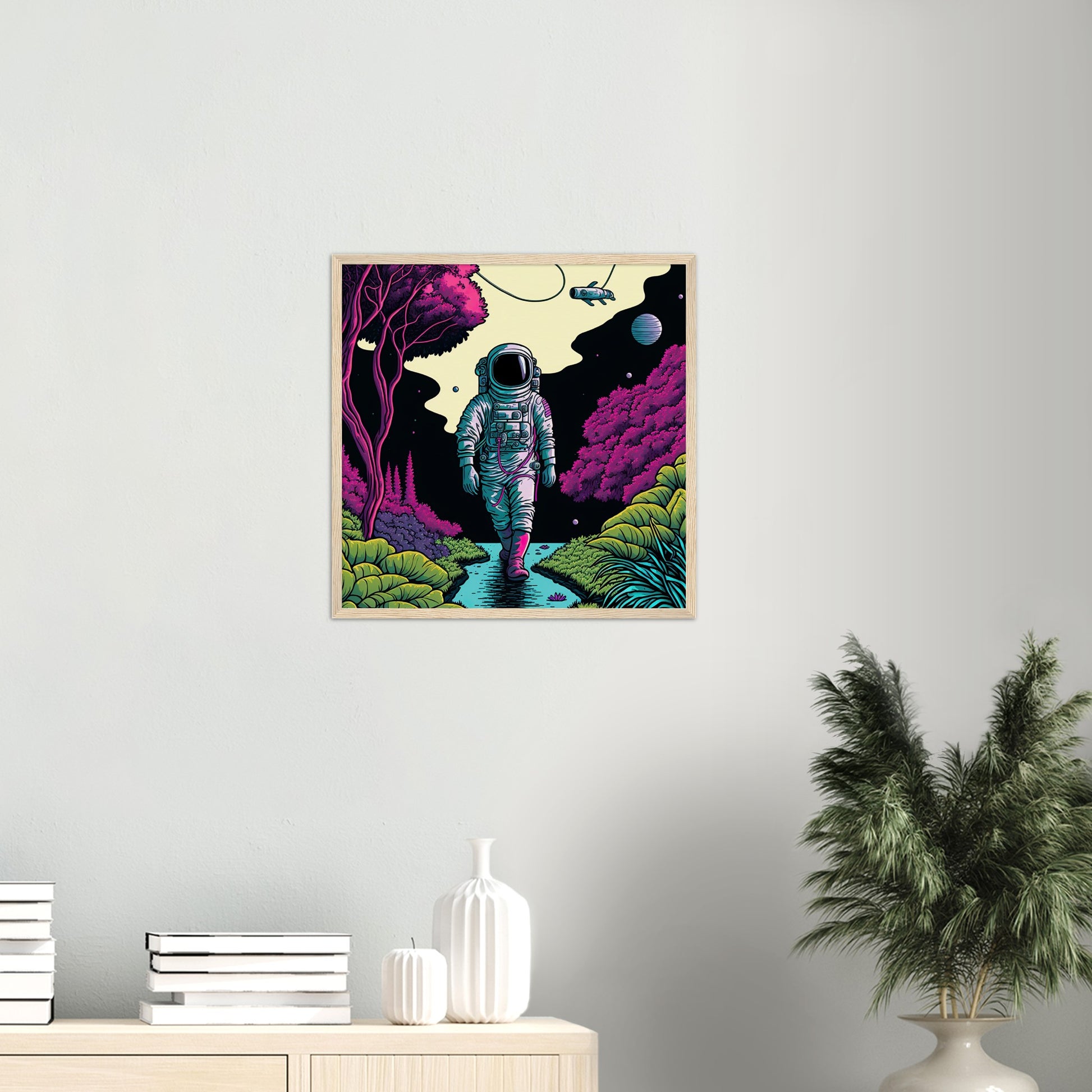 Poster mit Rahmen (Holz) in Museumsqualität - Wandering Astronaut - Stephen - Illustration - Astronaut - Panorama - Rocketman - Posterleisten - USA - Fineart - Posterrahmen  - Wandkunst - Holzrahmen - Poster with frame - artwork - art brand - printed cup personalized - Holzleisten - pixelboys - Kunstdrucke - wandbilder - wall art - Kunst auf Tassen  - Office Poster - Gastrotassen - Wanddekoration - Acrylkunst - Geschenkidee - Office Poster - Acryldruck - Abstrakte Kunst -