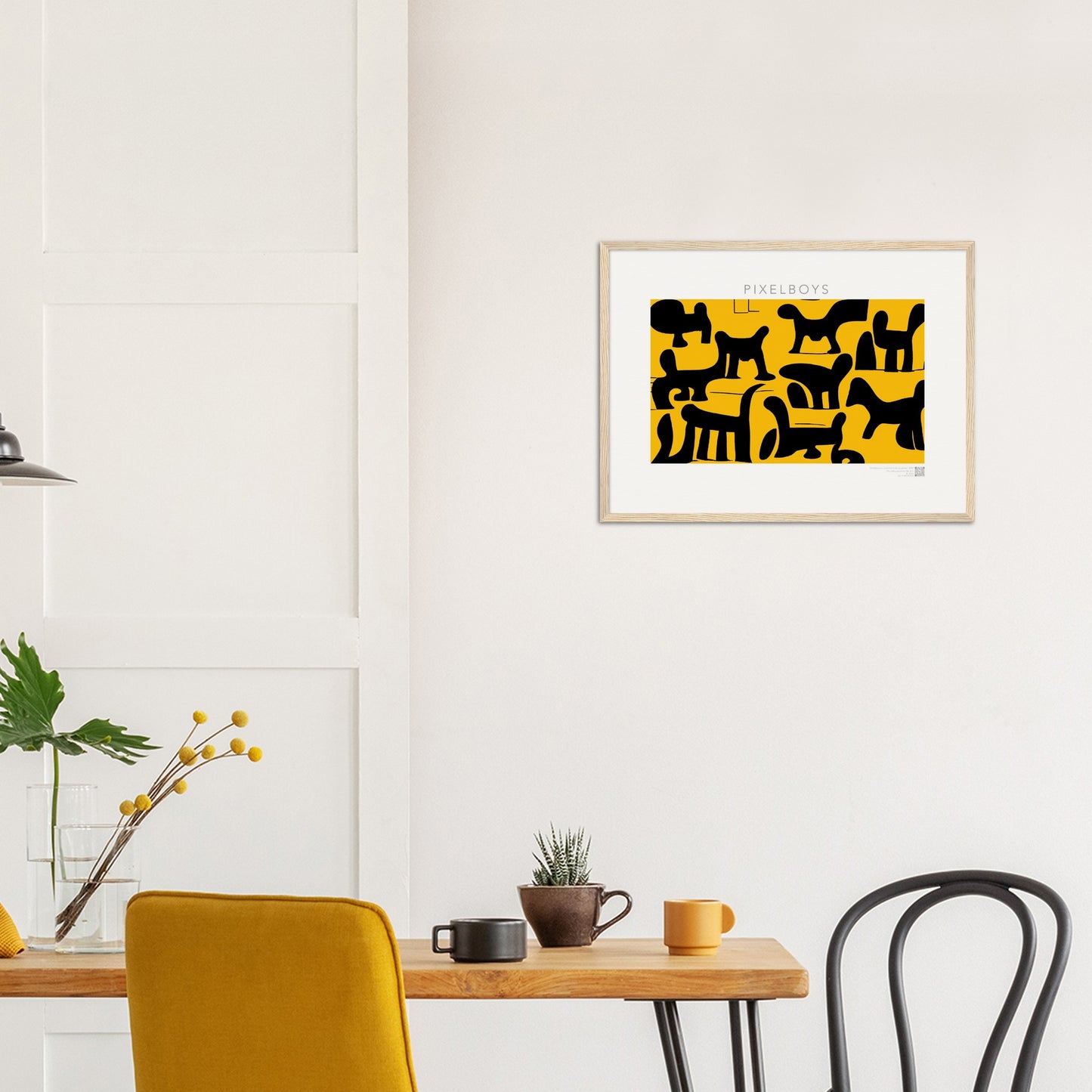 Poster mit Rahmen (Holz) - Doodlemania "weird animals on yellow" - No.3 - bedruckte Tasse-  gelb - Cup - Hunde - Katzen - Doodle Kunst - dogs - Cats - gastro - Poster mit Rahmen - doodle artwork - Acrylbild - Kunstdruck - Wandbild - office Poster - Poster with frame -  Künstler: Pixelboys & The Unknown Artist Nb.517 - keith haring - Gastro Art - anti stress art - Art Brand - Kunstdruck - Gastro Tasse - 