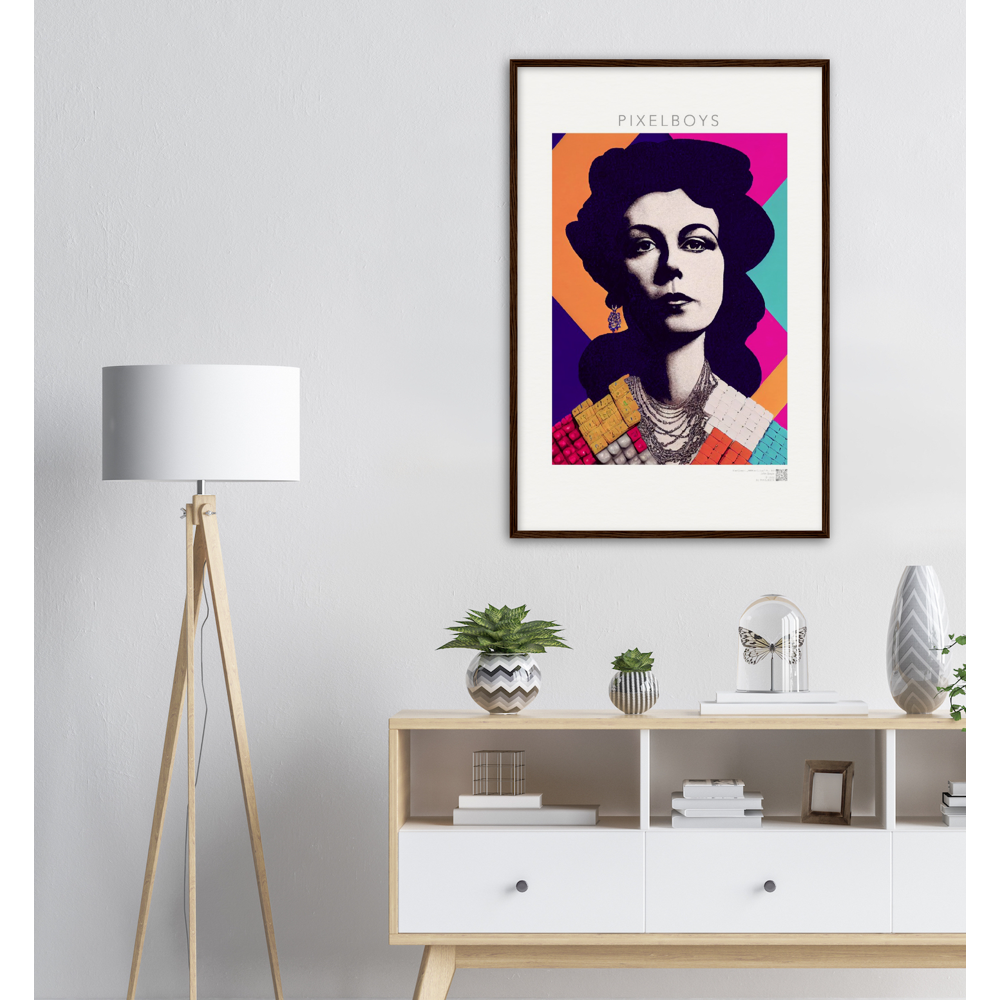 Poster mit Rahmen (Holz) - in Museumsqualität - The Queen No.3 - HRH in cubes - Kunstdruck - 250g/qm - Queen Elisabeth II - Monarch - HRH - His/Her Royal Highness - Groß Britannien - Commonwealth - The Royal Family - Wandbild - Kubismus - synthetischen Kubismus - Georges Braque - Künstler: "John Grayst" - Atelier - UK - GB - London - 