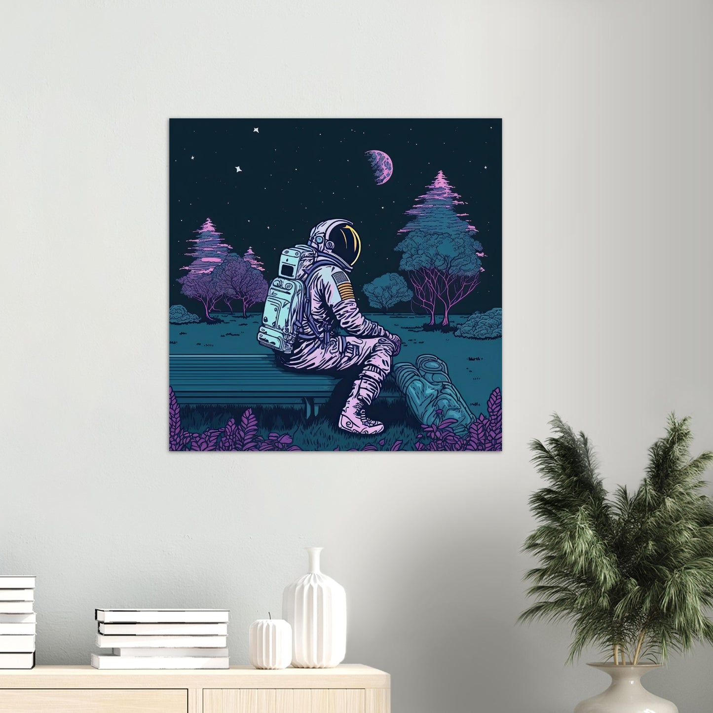 Poster in Museumsqualität - Stargazing Astronaut - John - Illustration - Astronaut - Parkbank - Rocketman - Posterleisten - USA - Fineart - Posterrahmen  - Wandkunst - Holzrahmen - Poster with frame - artwork - art brand - printed cup personalized - Holzleisten - pixelboys - Kunstdrucke - wandbilder - wall art - Kunst auf Tassen  - Office Poster - Gastrotassen - Wanddekoration - Acrylkunst - Geschenkidee - Office Poster - Acryldruck - Abstrakte Kunst -