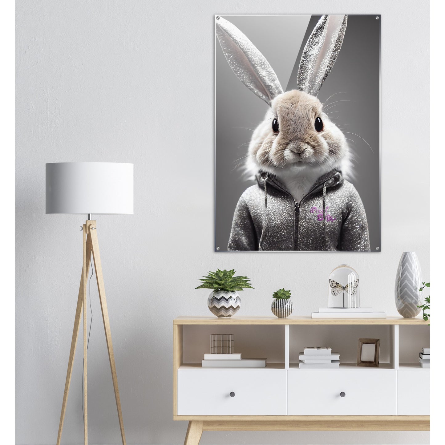 Acrylbild - in Museumsqualität - Bunny in grey tracksuit - "Cleo" - Cute - Marke:Pixelboys - Brand - Art Prints - Marke - Wandkunst - Papierstärke: 250g/qm - Wall Art - Bunny crey - Skater Betty - Hasen Gang - Original - Künstler:Pixelboys - Poster with frame - Office Poster - Trend - Wandschmuck - Atelier USA - 