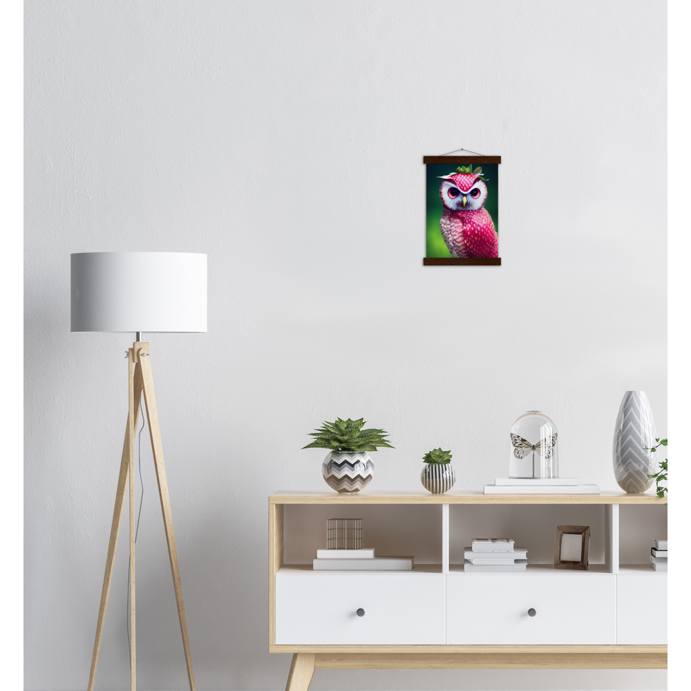 Poster mit Leisten (Holz) - Fruit Owl No. 2 - "Berry", the Strawberry Owl - Serie Fruit Owls - Wandkunst - Kunstdruck - (fiktiv: lat.  Pulsatrix Fragaria) - Erdbeere - Schleiereulen - Fruchteulen - Vogel - Bird - Strigiformes - Noctua - Ornithologie - Kunstwerk  - Office Poster - Poster mit Rahmen - Kaffee Tasse - Poster mit Leisten - Bedruckte Tassen - Kunst Marke - Art Brand - Acrylbild - Wandbild - Kunstdrucke - Papier: 250g/qm - Künstler: John Grayst & Pixelboys - Eulen - Owl - Geschenkidee - 