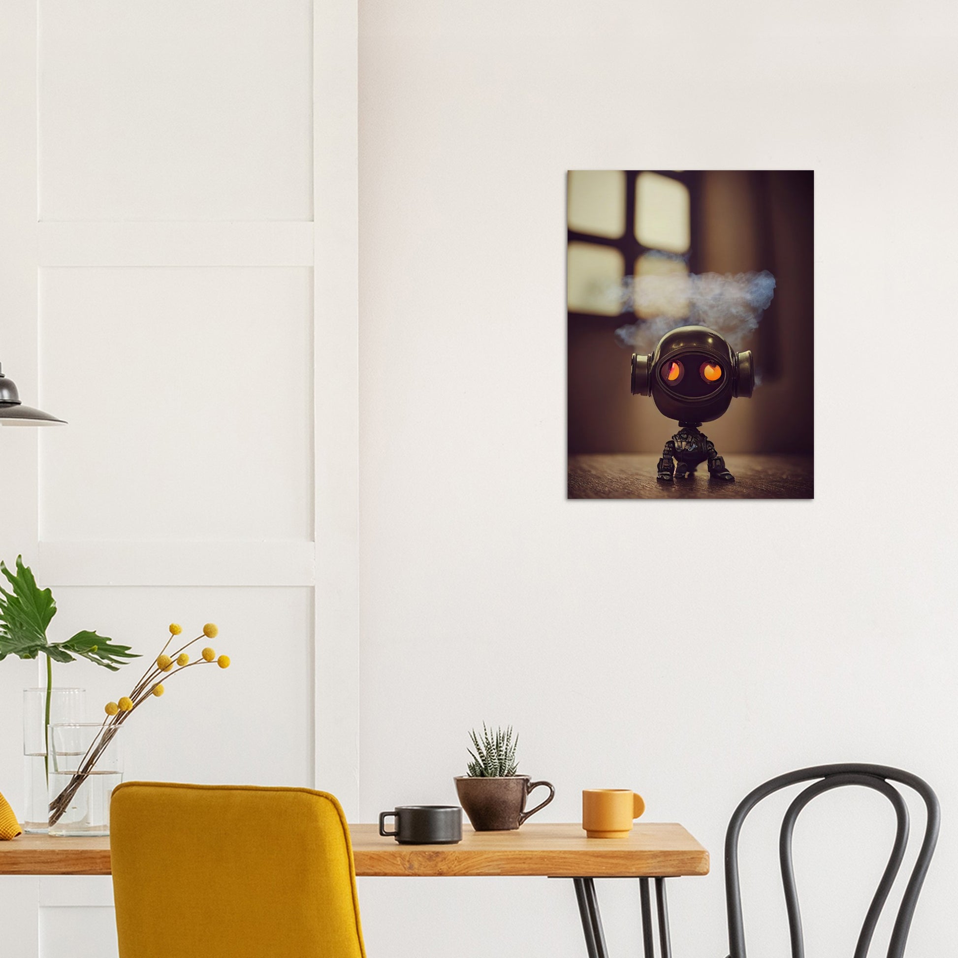 Poster in Museumsqualität - Tiny robot - with smoke around his head - "Tiny Tim" - Wandbild - Customizable Coffee Cup - Museumsqualität - Personalized Gifts - Kunstdruck - Rauchender Roboter - Steampunk - Acryldruck - Smoking Robots - Personalized Gifts - Poster with frame - blech - nr.5 lebt - zukunft - Kunstwerk - Office Poster - Poster mit Rahmen - Kaffee Tasse  - Bedruckte Tassen - Kunst Marke - Art Brand - Wandbild - Kunstdrucke - Künstler: John Grayst & Pixelboys - emotional robots - Geschenkidee -