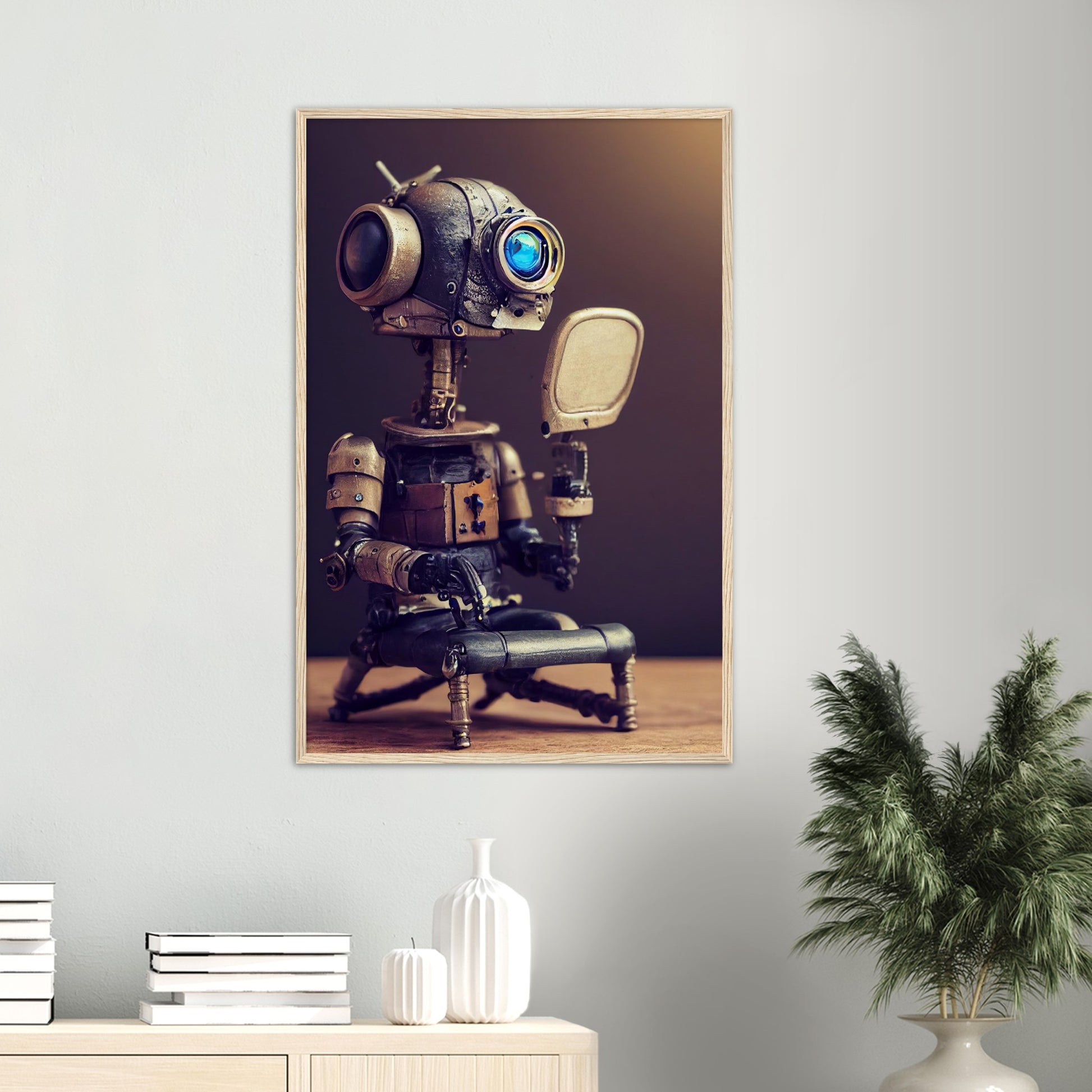 Poster mit Rahmen (Holz) in Museumsqualität - Tiny robot with a mirror - Hitoshi 人 - Wall Art - Spiegel - Acryldruck - Wandkunst - Customizable Coffee Cup - Personalized Gifts - Kunstdruck - Kleine Roboter - Acryldruck - Little Robots - Personalized Gifts - Tiny  - Steampunk - zukunft - Poster with frame - Kunstwerk - Office Poster - Poster mit Rahmen - Kaffee Tasse - Poster - Bedruckte Tassen - Kunst Marke - Art Brand - Kunstdrucke - Künstler: John Grayst & Pixelboys - emotional robots - Geschenkidee - 