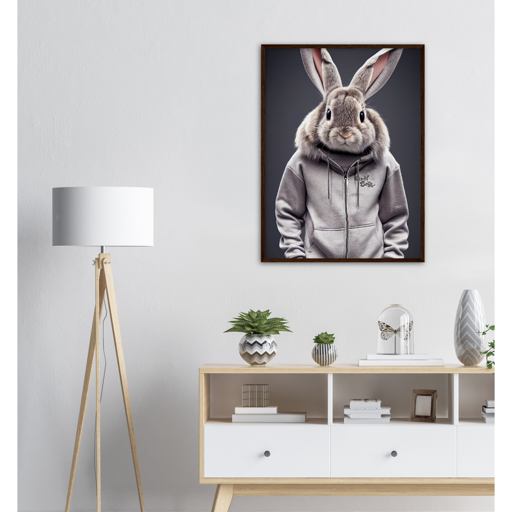 Poster mit Rahmen (Holz) - Bunny in grey Tracksuit - "Titus" - Fashion Gang - Wandbild - Ostern - Geschenkidee - Osterhase - Bunny Crew: "Titus" - "Caesar" - "Constantin" - "Cleo" - Weisser Hase - Easter Bunny - Cute - grey tracksuit - sweats - Alice's Adventures in Wonderland - Modemarke - Pixelboys Brand - Titus der Hase - Hase - Kaninchen  - Künstler: "Pixelboys" - Atelier - Germany - Berlin - Hamburg - Colgne - France - Paris - Italy - Rom - USA - America - New York City - Los Angeles - Chicago - 