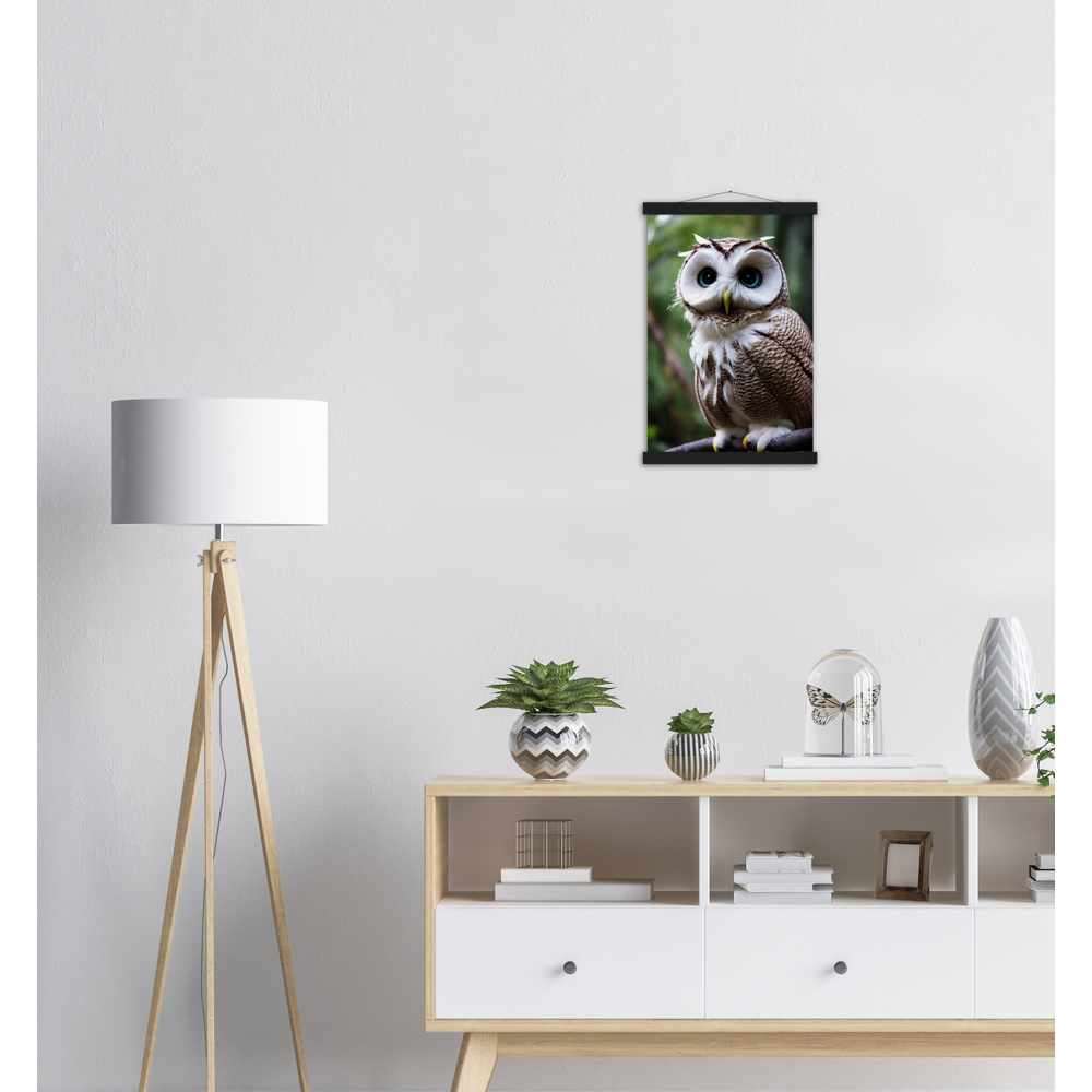Poster mit Leisten (Holz) - Fruit Owl No.6 - "Cornelius", the coconut owl - Wandkunst - Museumsqualität - Kunstdruck - Kokusnuseule - Kokosnuss-Uhu (lat. bubo vaccinium)  - Acryldruck - Fruchteulen - coconut owl - Vogel - Uhu - Bird - Strigiformes - Noctua - Ornithologie - Kunstwerk  - Office Poster - Poster mit Rahmen - Kaffee Tasse - Poster mit Leisten - Bedruckte Tassen - Kunst Marke - Art Brand - Wandbild - Kunstdrucke - Papier: 250g/qm - Künstler: John Grayst & Pixelboys - Eulen - Owl - Geschenkidee - 