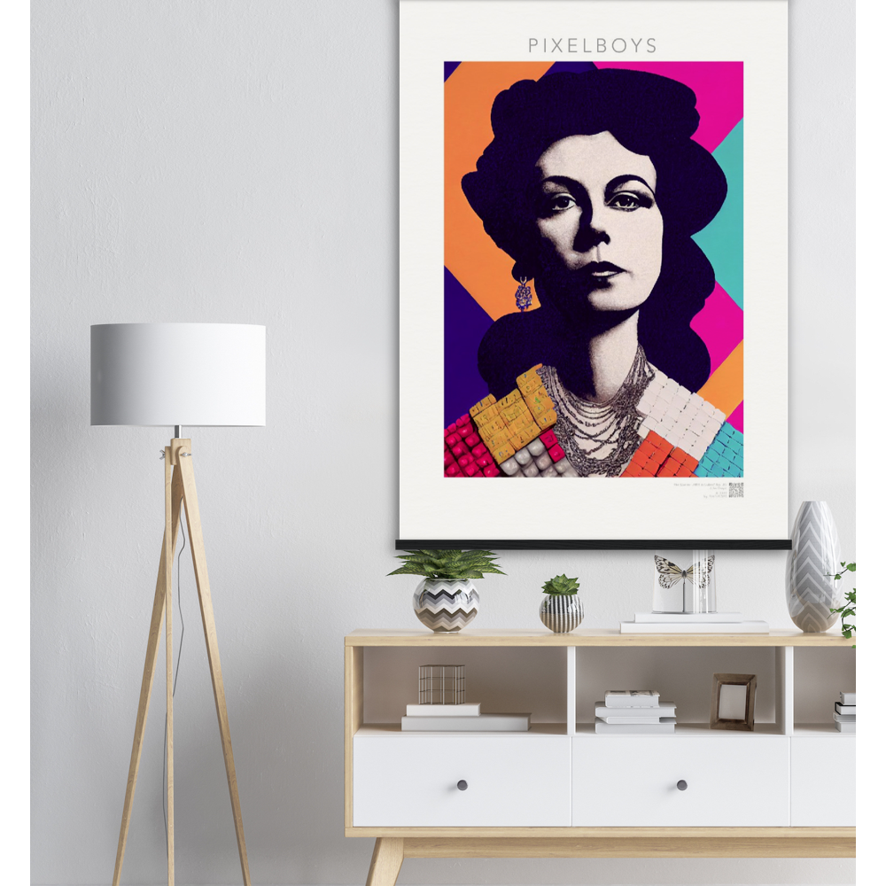  Poster mit Leisten (Holz) - in Museumsqualität - The Queen No.3 - HRH in cubes - Kunstdruck - 250g/qm - Queen Elisabeth II - Monarch - HRH - His/Her Royal Highness - Groß Britannien - Commonwealth - The Royal Family - Wandbild - Kubismus - synthetischen Kubismus - Georges Braque - Künstler: "John Grayst" - Atelier - UK - GB - London - 