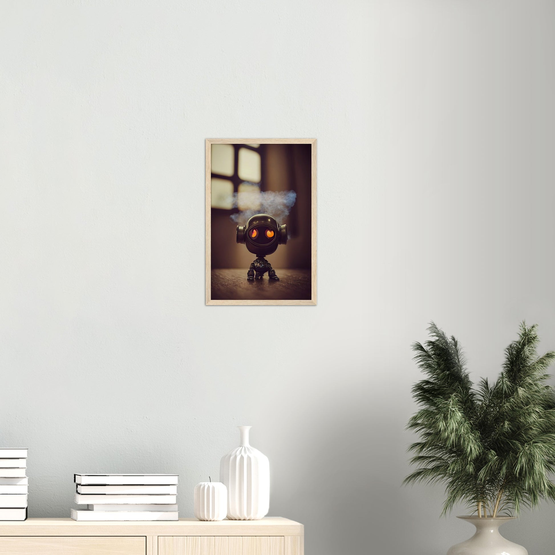 Poster mit Rahmen (Holz) - in Museumsqualität - Tiny robot - with smoke around his head - "Tiny Tim" - Wandbild - Customizable Coffee Cup - Personalized Gifts - Kunstdruck - Rauchender Roboter - Steampunk - Acryldruck - Smoking Robots - Personalized Gifts - Poster with frame - nr.5 lebt - zukunft - Kunstwerk - Office Poster - Poster mit Rahmen - Kaffee Tasse  - Bedruckte Tassen - Kunst Marke - Art Brand - Wandbild - Kunstdrucke - Künstler: John Grayst & Pixelboys - emotional robots - Geschenkidee -