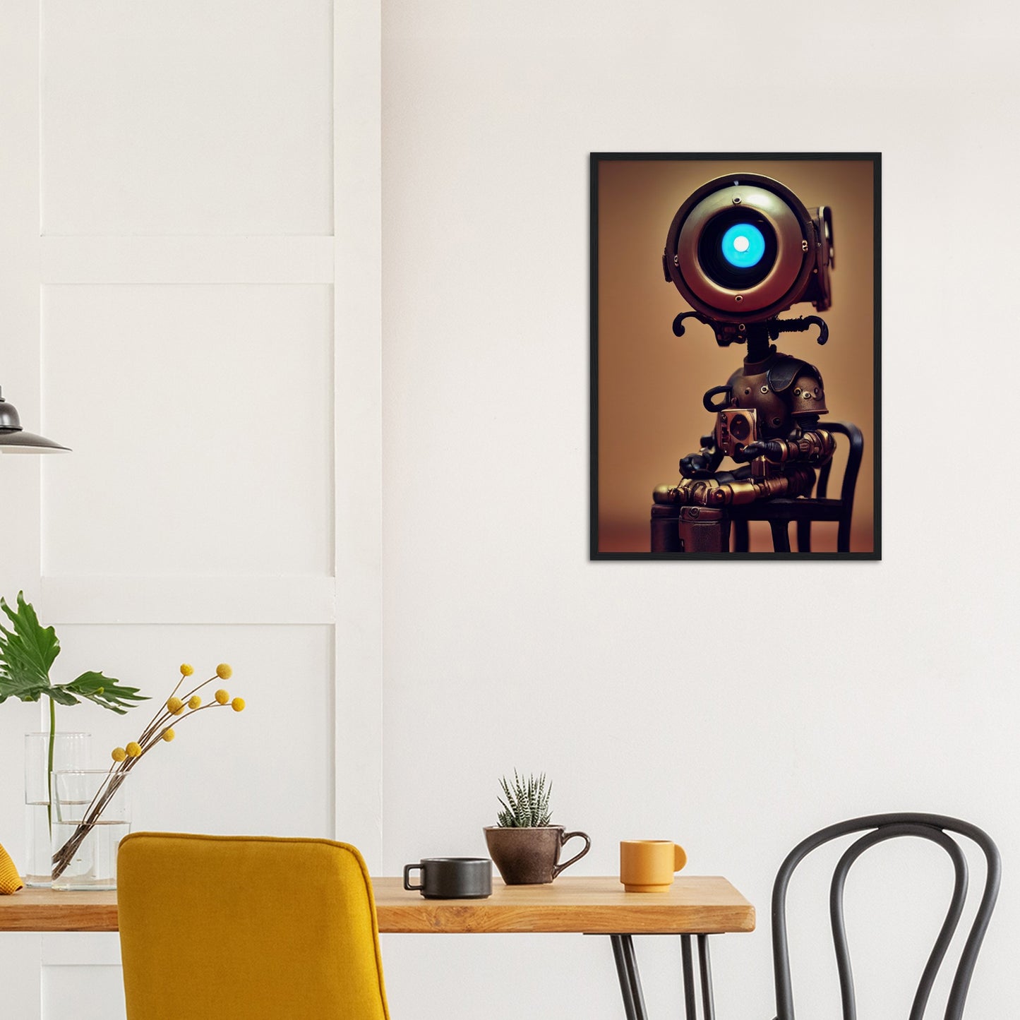 Poster mit Rahmen (Holz) - Museumsqualität -  Tiny robot with coffee - "Bobby" - Wandkunst - Papierdicke: 250g/qm - Customizable Coffee Cup - Personalized Gifts - Kunstdruck - Kleine Roboter - Acryldruck - Little Robots - Personalized Gifts - Tiny  - Steampunk - zukunft - Poster with frame - Kunstwerk - Office Poster - Poster mit Rahmen - Kaffee Tasse - Poster - Bedruckte Tassen - Kunst Marke - Art Brand - Wandbild - Kunstdrucke - Künstler: John Grayst & Pixelboys - emotional robots - Geschenkidee -