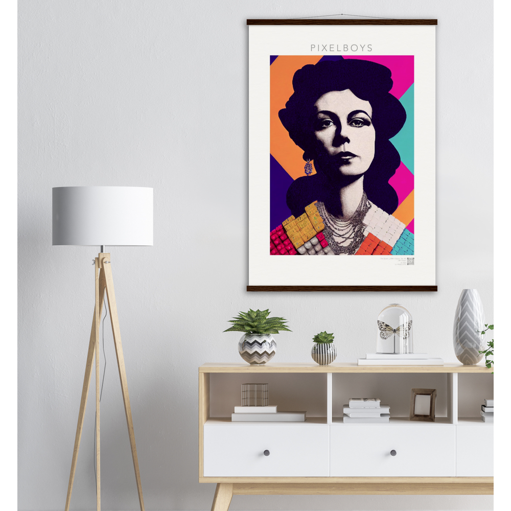  Poster mit Leisten (Holz) - in Museumsqualität - The Queen No.3 - HRH in cubes - Kunstdruck - 250g/qm - Queen Elisabeth II - Monarch - HRH - His/Her Royal Highness - Groß Britannien - Commonwealth - The Royal Family - Wandbild - Kubismus - synthetischen Kubismus - Georges Braque - Künstler: "John Grayst" - Atelier - UK - GB - London - 