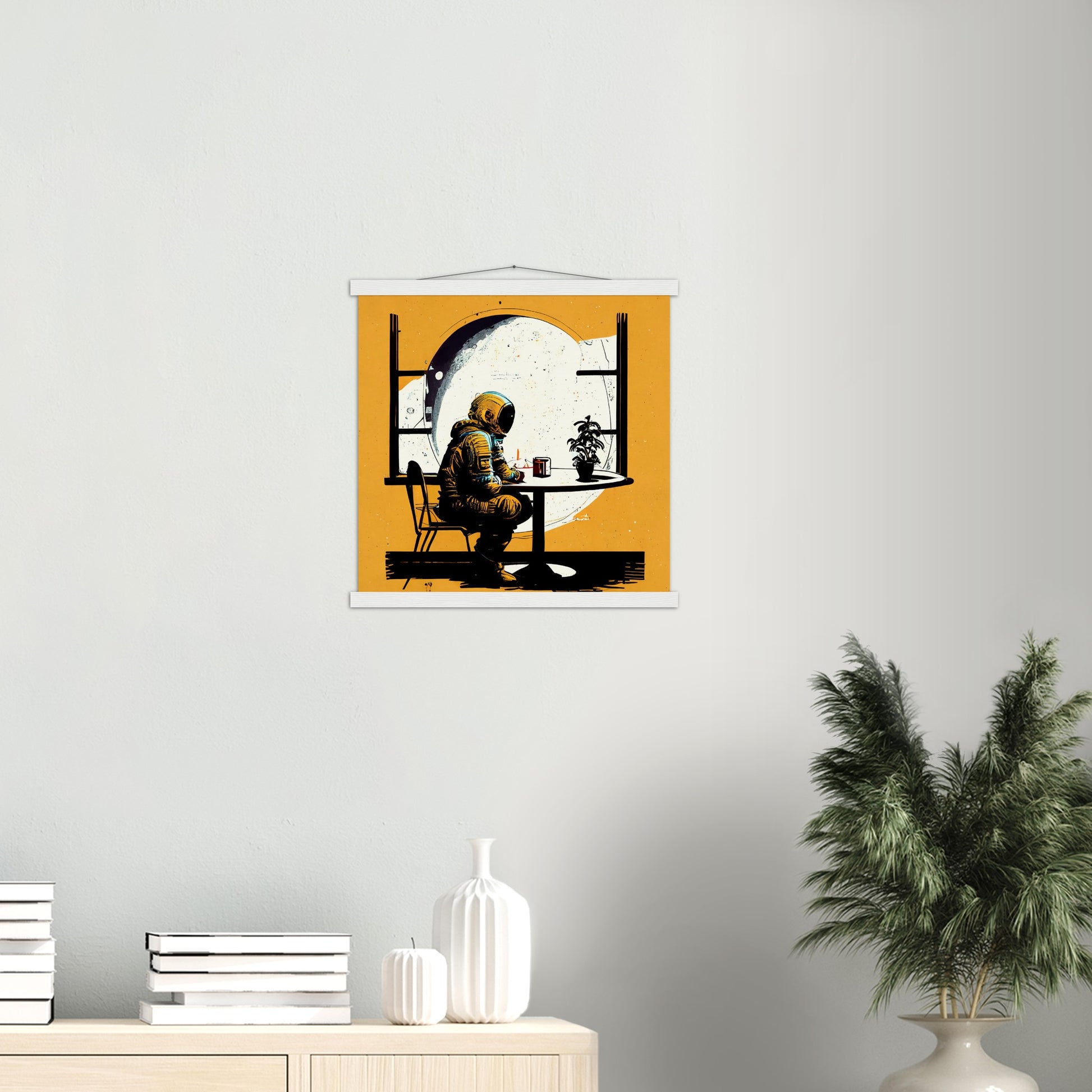 Poster mit Leisten (Holz) in Museumsqualität - The waiting Astronaut - Michael - Illustration - Astronaut - Waiting - Posterleisten - USA - Fineart - Posterrahmen  - Wandkunst - Holzrahmen - Poster with frame - people of color - artwork - art brand - printed cup personalized - Holzleisten - pixelboys - Kunstdrucke - wandbilder - wall art - Kunst auf Tassen  - Office Poster - Gastrotassen - Wanddekoration - Acrylkunst - Geschenkidee - Office Poster - Acryldruck - Abstrakte Kunst -