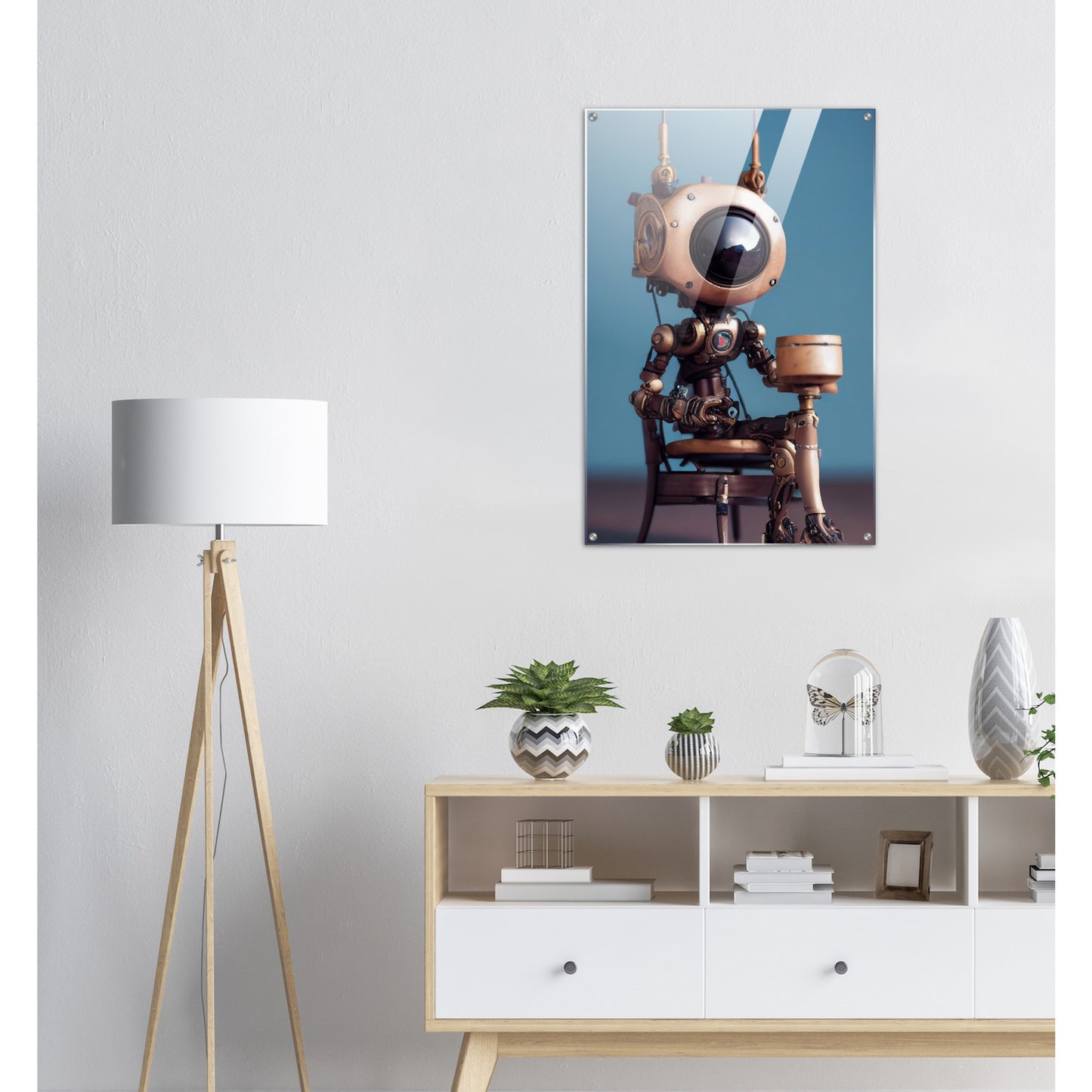 Acrylbild in Museumsqualität - Tiny robot with a present - "Tiny Sam" - Wandbild - Customizable Coffee Cup - Personalized Gifts - Kunstdruck - Roboter mit Geschenk - Steampunk - Acryldruck - Present Robots - Personalized Gifts - Poster with frame - nr.5 lebt - zukunft - Kunstwerk - Office Poster - Poster mit Rahmen - Kaffee Tasse  - Bedruckte Tassen - Kunst Marke - Art Brand - Wandbild - Kunstdrucke - Künstler: John Grayst & Pixelboys - emotional robots - Geschenkidee - Wall Art -