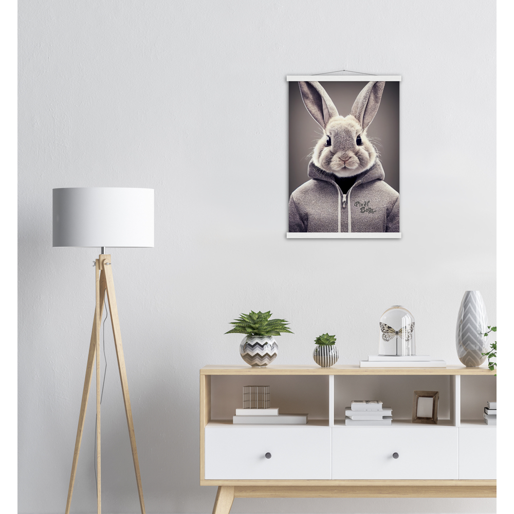 Poster mit Leisten (Holz) - Bunny in grey Hoodie - "Constantin" - Fashion Gang - Wandbild - Ostern - Geschenkidee - Osterhase - Bunny Crew: "Constantin" - "Caesar" - "Titus" - "Cleo" - Weisser Hase - Easter Bunny - Cute - grey Hoodie - sweats - Alice's Adventures in Wonderland - Modemarke - Pixelboys Brand - Constantin der Hase - Hase - Kaninchen  - Künstler: "Pixelboys" - Atelier - Germany - Berlin - Hamburg - Colgne - France - Paris - Italy - Rom - USA - America - New York City - Los Angeles - Chicago - 