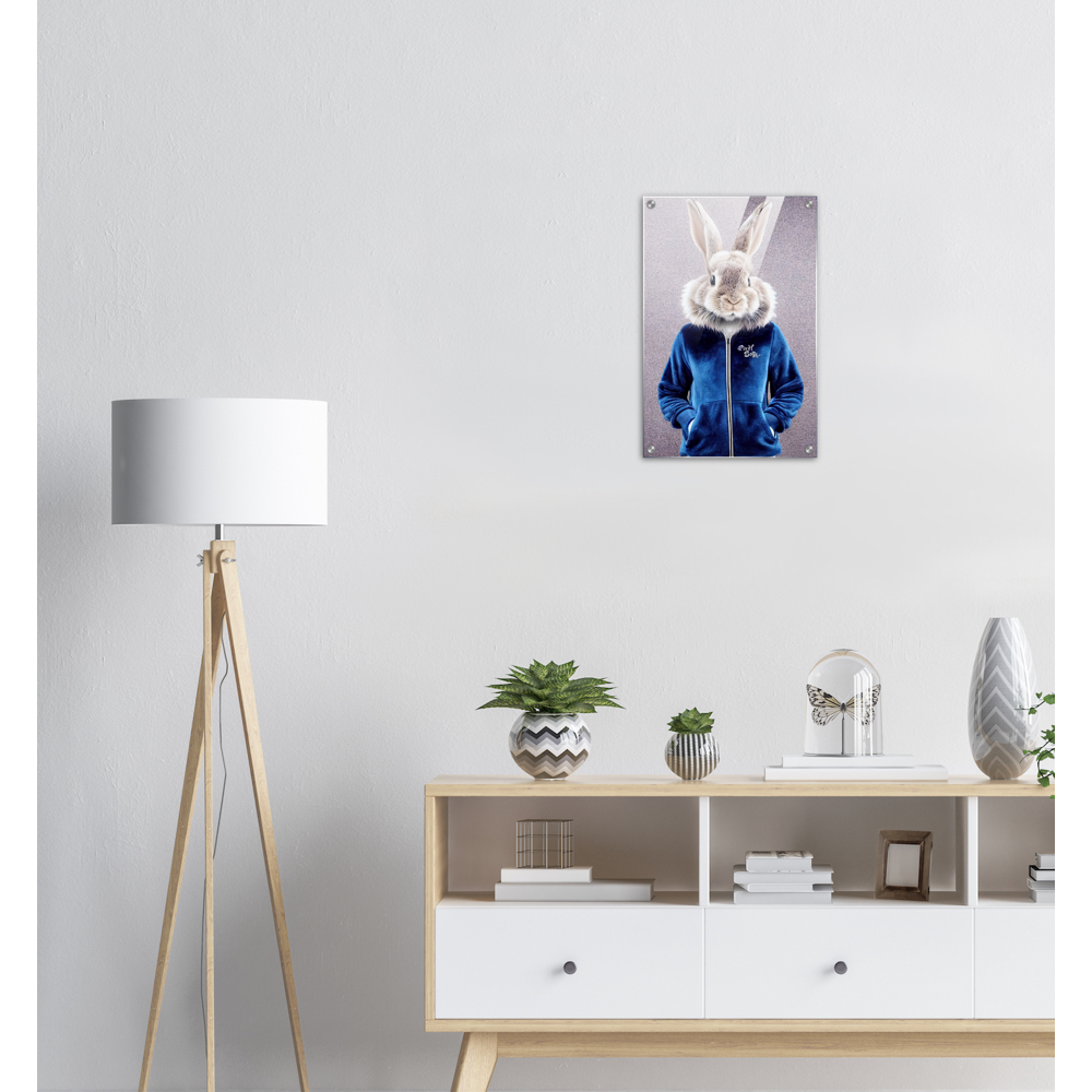 Acrylbild - Bunny in blue Tracksuit - "Caesar" - Fashion - Gang - Wandbild - Acryldruck - Ostern - Geschenkidee - Osterhase - Bunny Crew: "Caesar" - "Constantin" - "Titus" - "Cleo" - Weisser Hase - Easter Bunny - Cute - blue Tracksuit - sweats - Gang - Modemarke -Pixelboys Brand - Caesar der Hase - Meister Lampe - Hase - Kaninchen - Karnickel - Künstler: "Pixelboys" - Atelier - Germany - Berlin - Hamburg - Colgne - France - Paris - Italy - Rom - USA - America - New York City - Los Angeles - Chicago - 