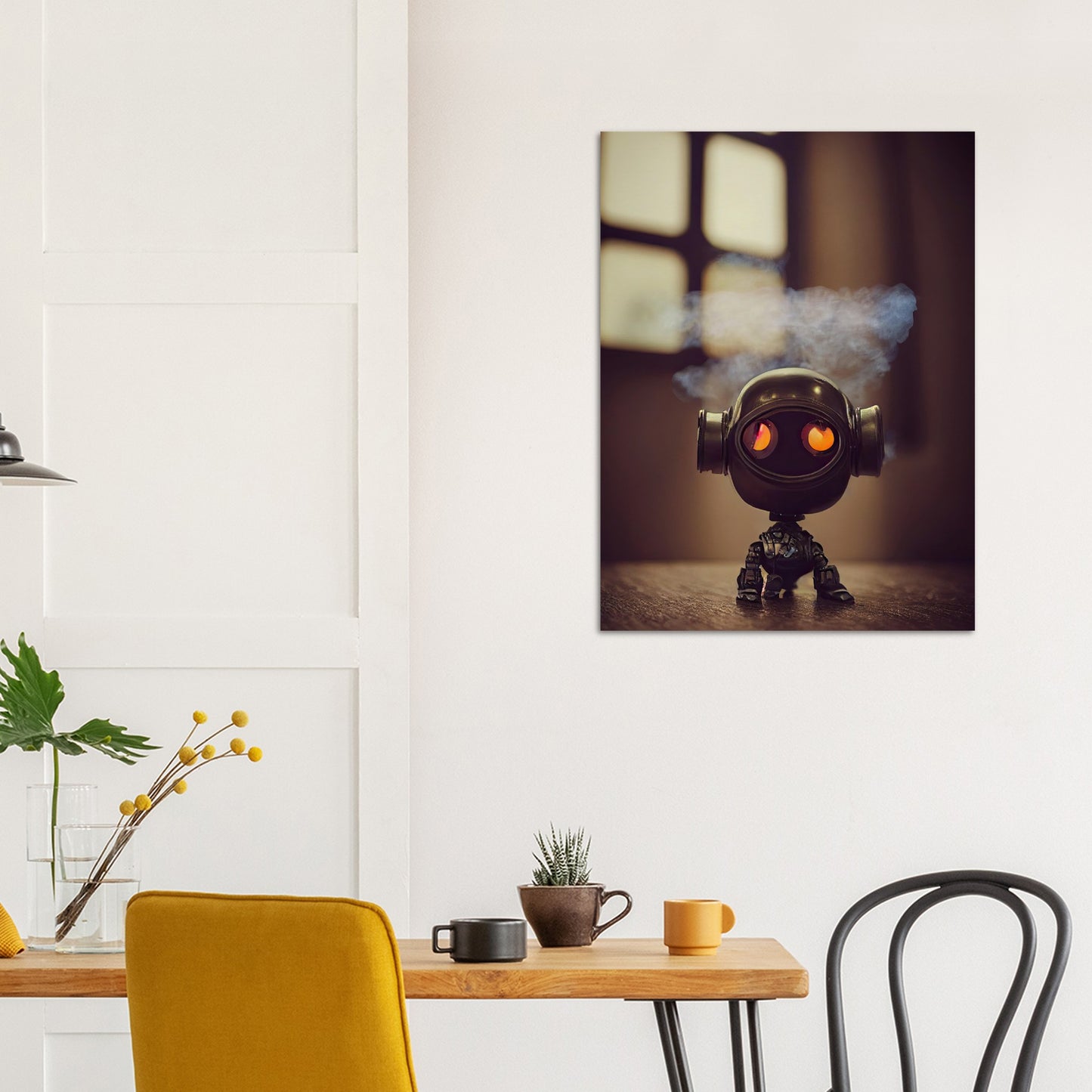 Poster in Museumsqualität - Tiny robot - with smoke around his head - "Tiny Tim" - Wandbild - Customizable Coffee Cup - Museumsqualität - Personalized Gifts - Kunstdruck - Rauchender Roboter - Steampunk - Acryldruck - Smoking Robots - Personalized Gifts - Poster with frame - blech - nr.5 lebt - zukunft - Kunstwerk - Office Poster - Poster mit Rahmen - Kaffee Tasse  - Bedruckte Tassen - Kunst Marke - Art Brand - Wandbild - Kunstdrucke - Künstler: John Grayst & Pixelboys - emotional robots - Geschenkidee -