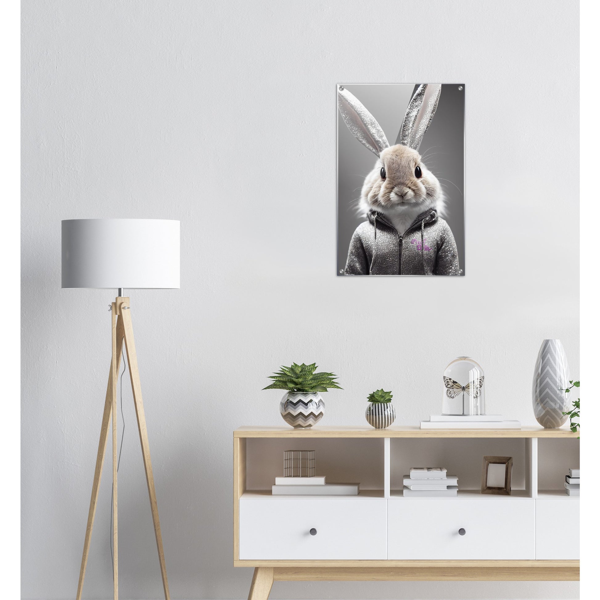 Acrylbild - in Museumsqualität - Bunny in grey tracksuit - "Cleo" - Cute - Marke:Pixelboys - Brand - Art Prints - Marke - Wandkunst - Papierstärke: 250g/qm - Wall Art - Bunny crey - Skater Betty - Hasen Gang - Original - Künstler:Pixelboys - Poster with frame - Office Poster - Trend - Wandschmuck - Atelier USA - 