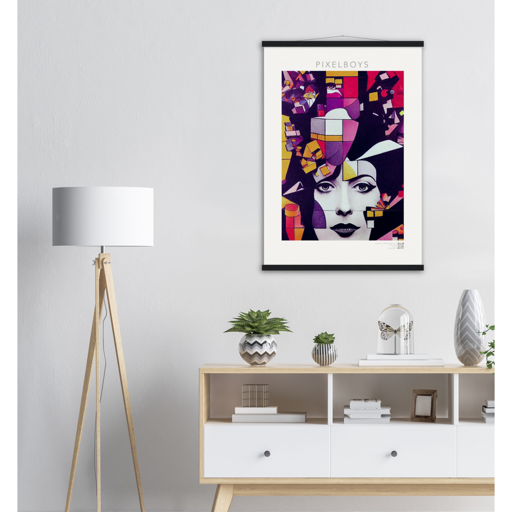 Poster mit Leisten (Holz) - The Queen No.1 - HRH in cubes - Kunstdruck - Queen Elisabeth II - Monarch - HRH - His/Her Royal Highness - Groß Britannien - Commonwealth - The Royal Family - Wandbild - Kubismus - synthetischen Kubismus - Georges Braque - Künstler: "John Grayst" - Atelier - UK - GB - London - 