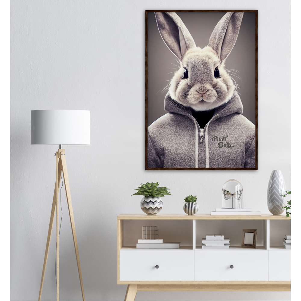 Poster mit Rahmen (Holz) - Bunny in grey Hoodie - "Constantin" - Fashion Gang - Wandbild - Ostern - Geschenkidee - Osterhase - Bunny Crew: "Constantin" - "Caesar" - "Titus" - "Cleo" - Weisser Hase - Easter Bunny - Cute - grey Hoodie - sweats - Alice's Adventures in Wonderland - Modemarke - Pixelboys Brand - Constantin der Hase - Hase - Kaninchen  - Künstler: "Pixelboys" - Atelier - Germany - Berlin - Hamburg - Colgne - France - Paris - Italy - Rom - USA - America - New York City - Los Angeles - Chicago - 