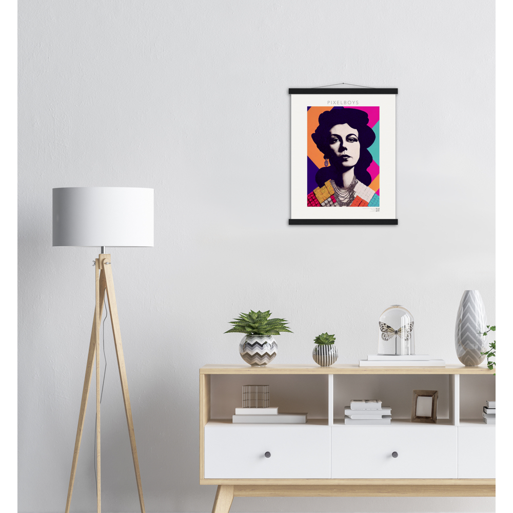  Poster mit Leisten (Holz) - in Museumsqualität - The Queen No.3 - HRH in cubes - Kunstdruck - 250g/qm - Queen Elisabeth II - Monarch - HRH - His/Her Royal Highness - Groß Britannien - Commonwealth - The Royal Family - Wandbild - Kubismus - synthetischen Kubismus - Georges Braque - Künstler: "John Grayst" - Atelier - UK - GB - London - 