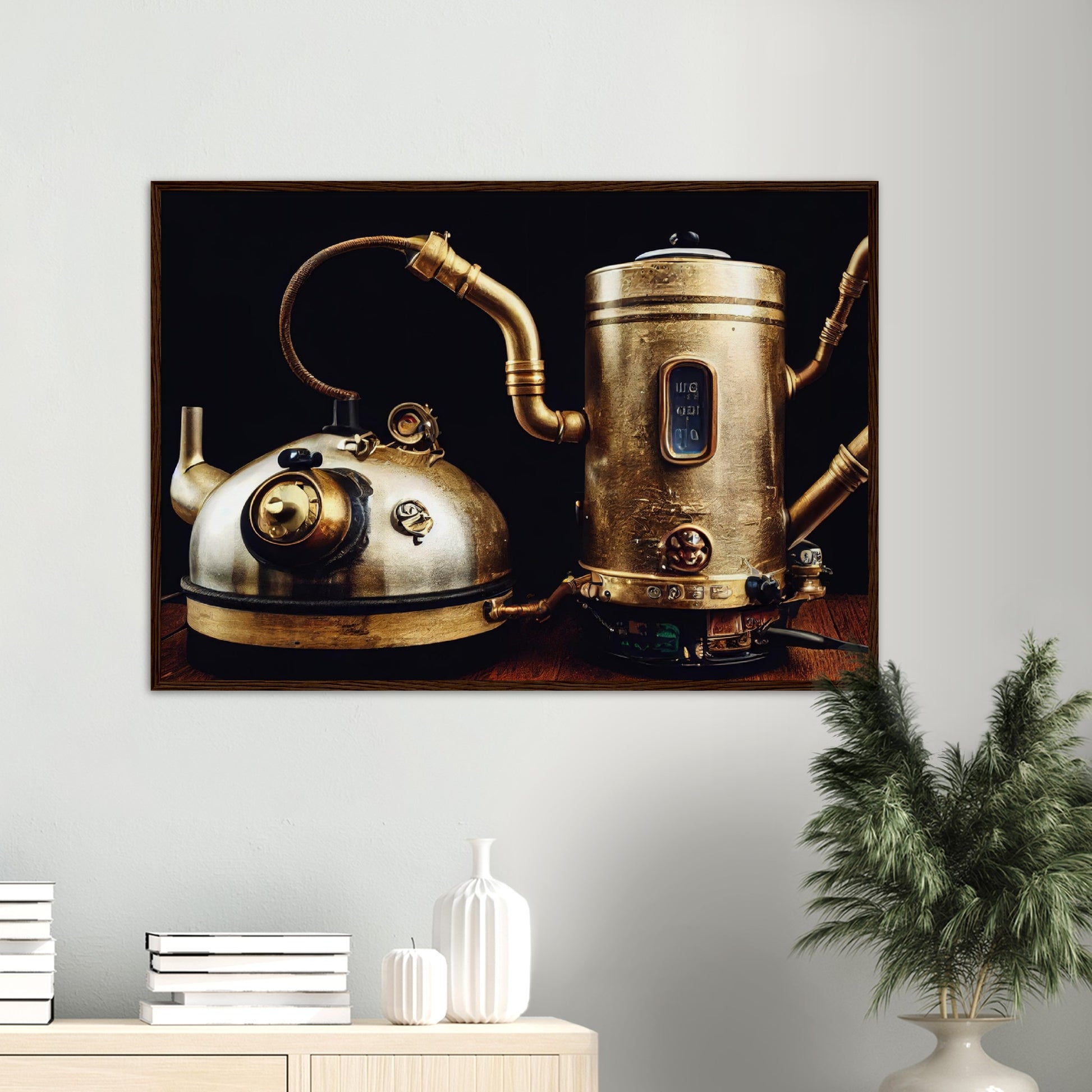 Poster mit Rahmen (Holz) in Museumsqualität - Steampunk - Coffee Maker - No.3 - Collection Cup - Pixelboys - Wandbild - Kunstwerk - Hotelkunst - Kunst auf Postern - Fine Art - Steampunk - Future - Maschine - Poster with frame - Office Poster - Art Brand - Pixelboys - Coffee House - Restaurant Poster - Wall Art - Kunstdruck - Geschenkidee - Kunst auf Acrylglas - Future Coffee Cup - Personalisierbare Tasse - Gastro Tasse - exklusiv - Gastronomie Poster - Hotelposter - Steam Punk Kitchen - 