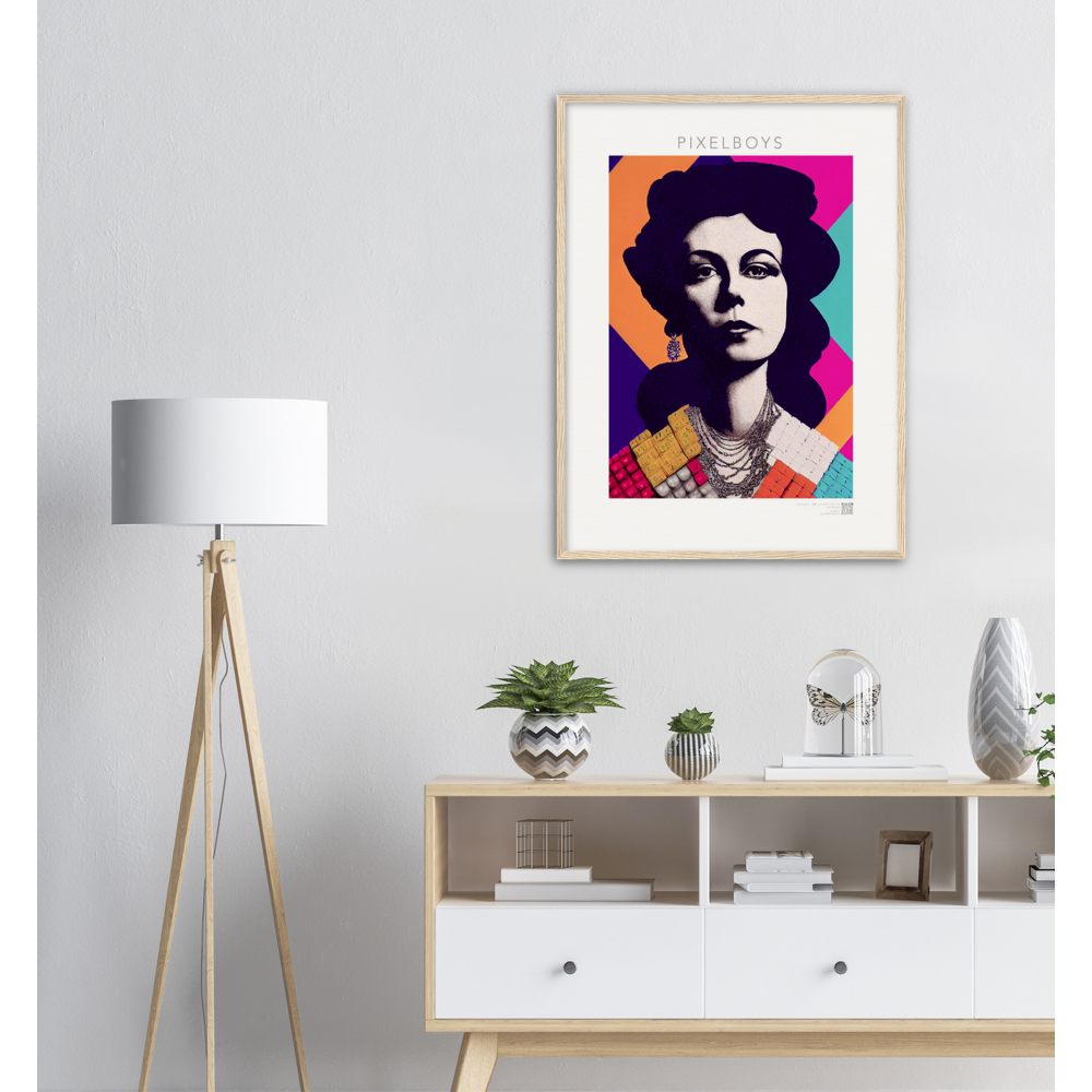 Poster mit Rahmen (Holz) - in Museumsqualität - The Queen No.3 - HRH in cubes - Kunstdruck - 250g/qm - Queen Elisabeth II - Monarch - HRH - His/Her Royal Highness - Groß Britannien - Commonwealth - The Royal Family - Wandbild - Kubismus - synthetischen Kubismus - Georges Braque - Künstler: "John Grayst" - Atelier - UK - GB - London - RIP 