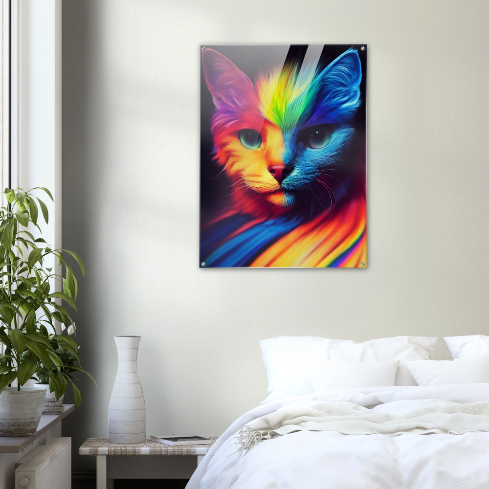 Acrylbild auf Glas - Farbenfrohe Regenbogen Katze "Kitty" - Pride Bewegung Maskottchen - Acryldruck - XXL