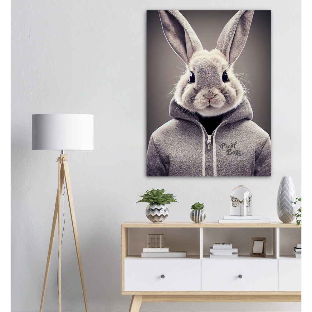 Poster in Museumsqualität - Bunny in grey Hoodie - "Constantin" - Fashion Gang - Wandbild - Ostern - Geschenkidee - Osterhase - Bunny Crew: "Constantin" - "Caesar" - "Titus" - "Cleo" - Weisser Hase - Easter Bunny - Cute - grey Hoodie - sweats - Alice's Adventures in Wonderland - Modemarke - Pixelboys Brand - Constantin der Hase - Hase - Kaninchen  - Künstler: "Pixelboys" - Atelier - Germany - Berlin - Hamburg - Colgne - France - Paris - Italy - Rom - USA - America - New York City - Los Angeles - Chicago - 