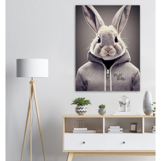 Poster in Museumsqualität - Bunny in grey Hoodie - "Constantin" - Fashion Gang - Wandbild - Ostern - Geschenkidee - Osterhase - Bunny Crew: "Constantin" - "Caesar" - "Titus" - "Cleo" - Weisser Hase - Easter Bunny - Cute - grey Hoodie - sweats - Alice's Adventures in Wonderland - Modemarke - Pixelboys Brand - Constantin der Hase - Hase - Kaninchen  - Künstler: "Pixelboys" - Atelier - Germany - Berlin - Hamburg - Colgne - France - Paris - Italy - Rom - USA - America - New York City - Los Angeles - Chicago - 