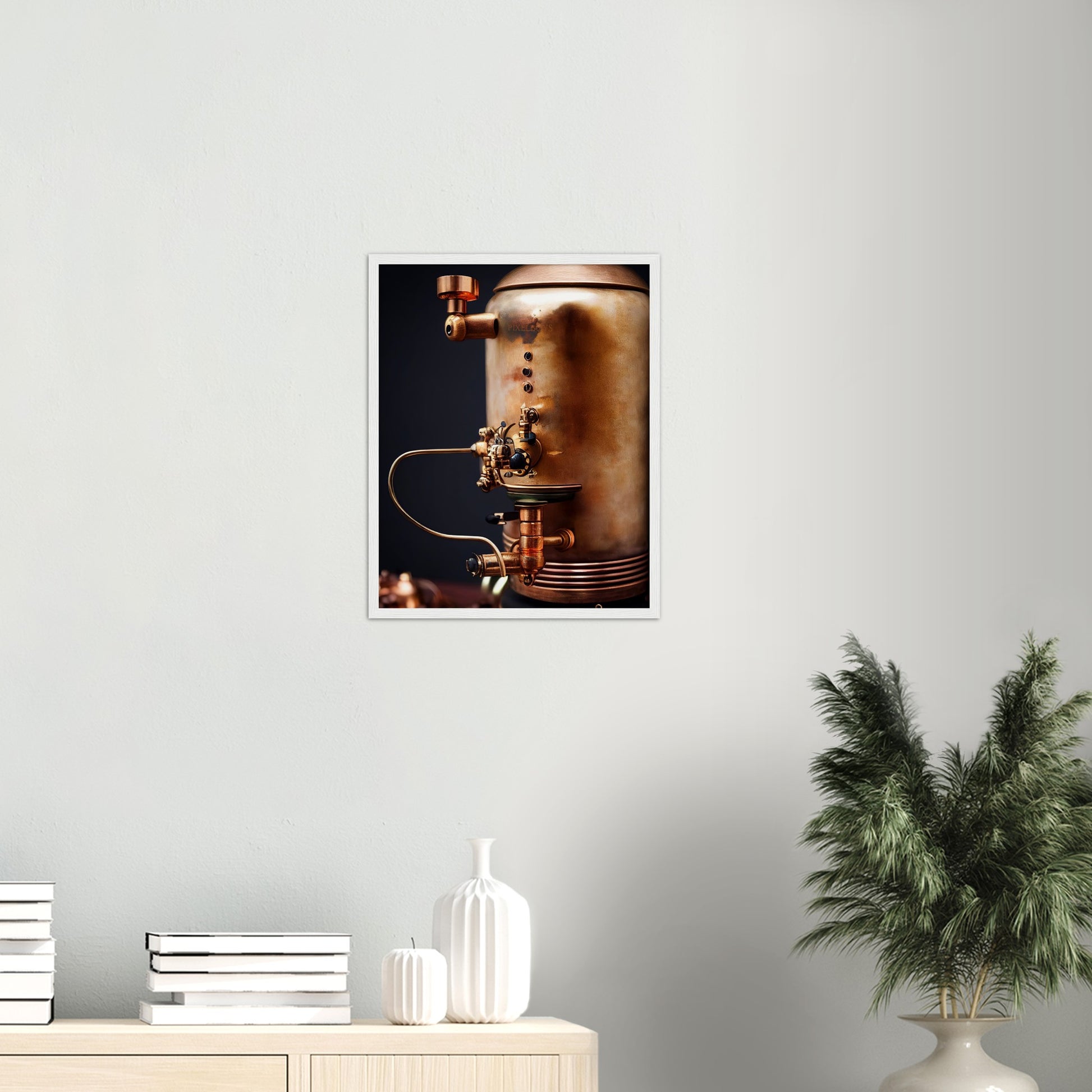  Poster mit Rahmen (Holz) - Steampunk - Coffee Maker - No.5 - Collection Cup - Pixelboys - Wandbild - Kunstwerk - Hotelkunst - Kunst auf Postern - Fine Art - Steampunk - Future - Maschine - Poster with frame - Office Poster - Art Brand - Pixelboys - Coffee House - Restaurant Poster - Wall Art - Kunstdruck - Geschenkidee - Kunst auf Acrylglas - Future Coffee Cup - Personalisierbare Tasse - Gastro Tasse - exklusiv - Acryldruck - Gastronomie Poster - Hotelposter - Steam Punk Kitchen -   