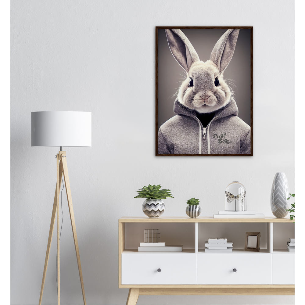 Poster mit Rahmen (Holz) - Bunny in grey Hoodie - "Constantin" - Fashion Gang - Wandbild - Ostern - Geschenkidee - Osterhase - Bunny Crew: "Constantin" - "Caesar" - "Titus" - "Cleo" - Weisser Hase - Easter Bunny - Cute - grey Hoodie - sweats - Alice's Adventures in Wonderland - Modemarke - Pixelboys Brand - Constantin der Hase - Hase - Kaninchen  - Künstler: "Pixelboys" - Atelier - Germany - Berlin - Hamburg - Colgne - France - Paris - Italy - Rom - USA - America - New York City - Los Angeles - Chicago - 