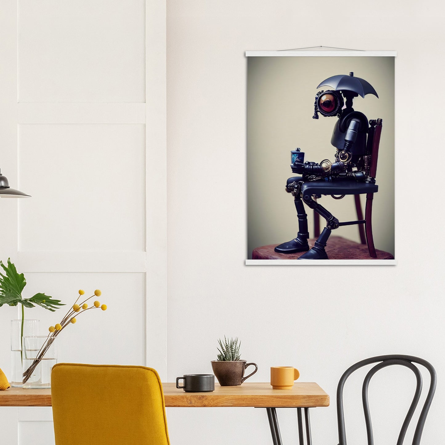  Poster mit Leisten (Holz) in Museumsqualität - Tiny robot with an umbrella "Louis" - Regenschirm - Acryldruck - Wandkunst - Customizable Coffee Cup - Personalized Gifts - Kunstdruck - Kleine Roboter - Acryldruck - Little Robots - Personalized Gifts - Tiny  - Steampunk - zukunft - Poster with frame - Kunstwerk - Office Poster - Poster mit Rahmen - Kaffee Tasse - Poster - Bedruckte Tassen - Kunst Marke - Art Brand - Kunstdrucke - Künstler: John Grayst & Pixelboys - emotional robots - Geschenkidee -