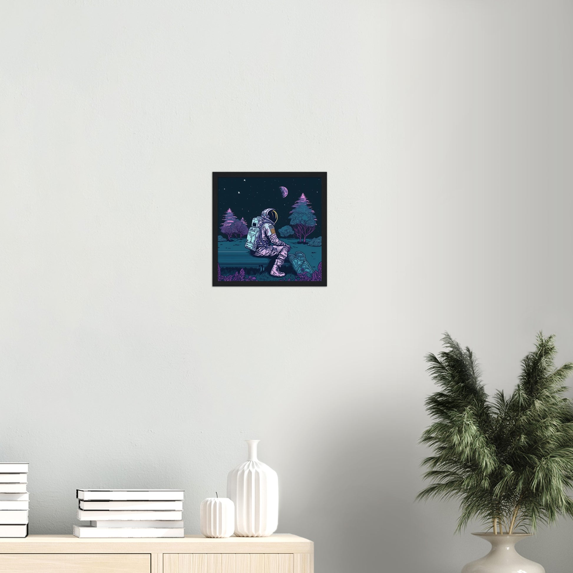 Poster mit Rahmen (Holz) - in Museumsqualität - Stargazing Astronaut - John - Illustration - Astronaut - Parkbank - Rocketman - Posterleisten - USA - Fineart - Posterrahmen  - Wandkunst - Holzrahmen - Poster with frame - artwork - art brand - printed cup personalized - Holzleisten - pixelboys - Kunstdrucke - wandbilder - wall art - Kunst auf Tassen  - Office Poster - Gastrotassen - Wanddekoration - Acrylkunst - Geschenkidee - Office Poster - Acryldruck - Abstrakte Kunst -