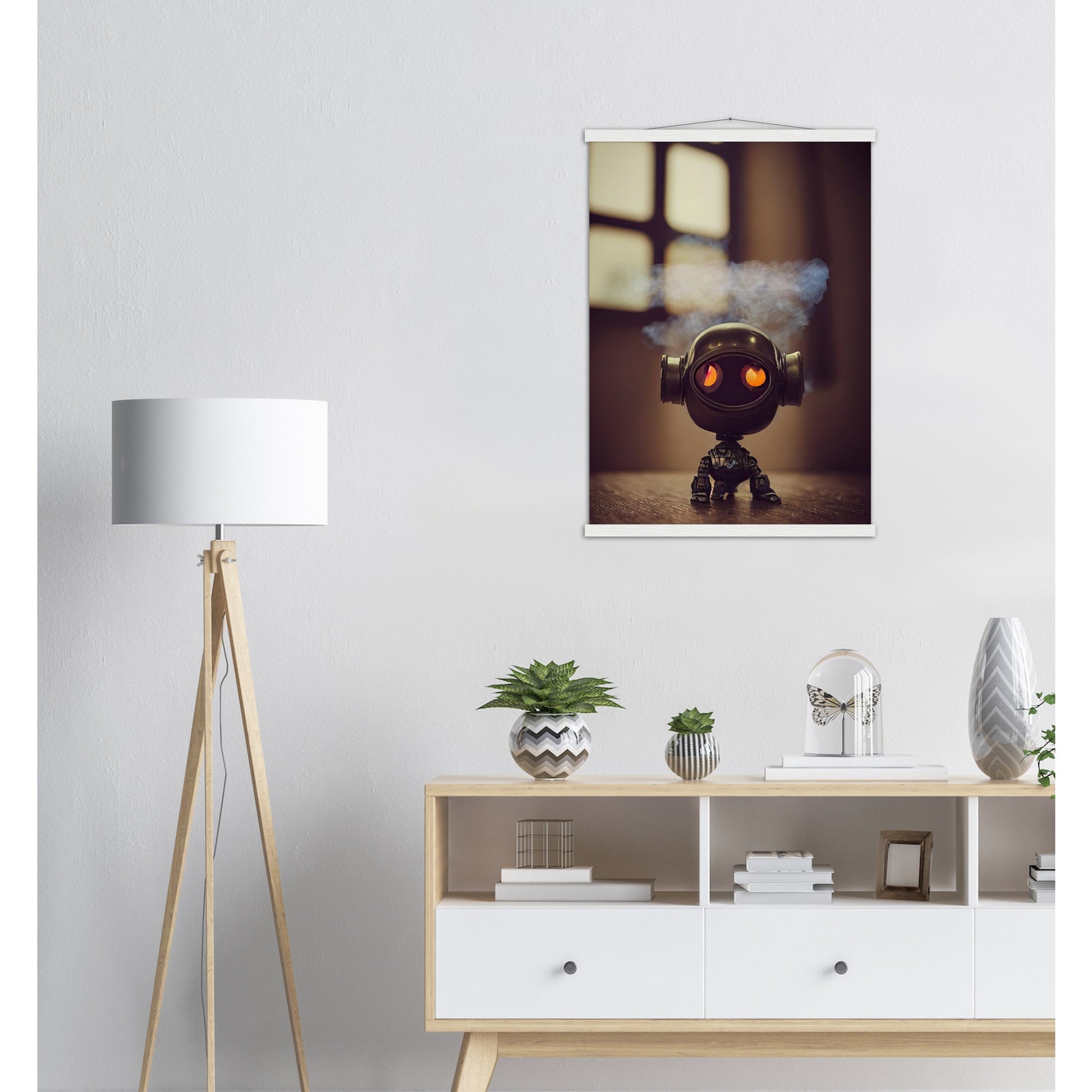 Poster mit Leisten (Holz) in Museumsqualität - Tiny robot - with smoke around his head - "Tiny Tim" - Wandbild - Customizable Coffee Cup - Personalized Gifts - Kunstdruck - Rauchender Roboter - Steampunk - Acryldruck - Smoking Robots - Personalized Gifts - Poster with frame - Wall Art - - zukunft - Kunstwerk - Office Poster - Poster mit Rahmen - Kaffee Tasse  - Bedruckte Tassen - Kunst Marke - Art Brand - Wandbild - Kunstdrucke - Künstler: John Grayst & Pixelboys - emotional robots - Geschenkidee 