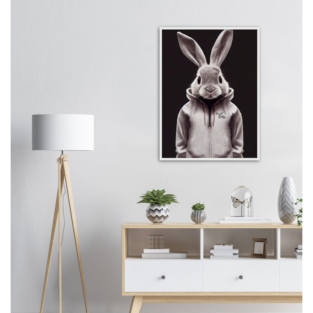 Poster mit Rahmen (Holz) - Bunny in grey tracksuit - Fashion Gang - Wandbild - Ostern - Geschenkidee - Osterhase - Bunny Crew: "Valerian" - "Caesar" - "Constantin" - "Cleo"-Titus - Weisser Hase - Easter Bunny - Cute - grey tracksuit - sweats - Alice's Adventures in Wonderland - Modemarke - Pixelboys Brand - Valerian der Hase - Kaninchen  - Künstler: "Pixelboys" - Atelier - Germany - Berlin - Hamburg - Colgne - France - Paris - Italy - Rom - USA - America - New York City - Los Angeles - Chicago - 