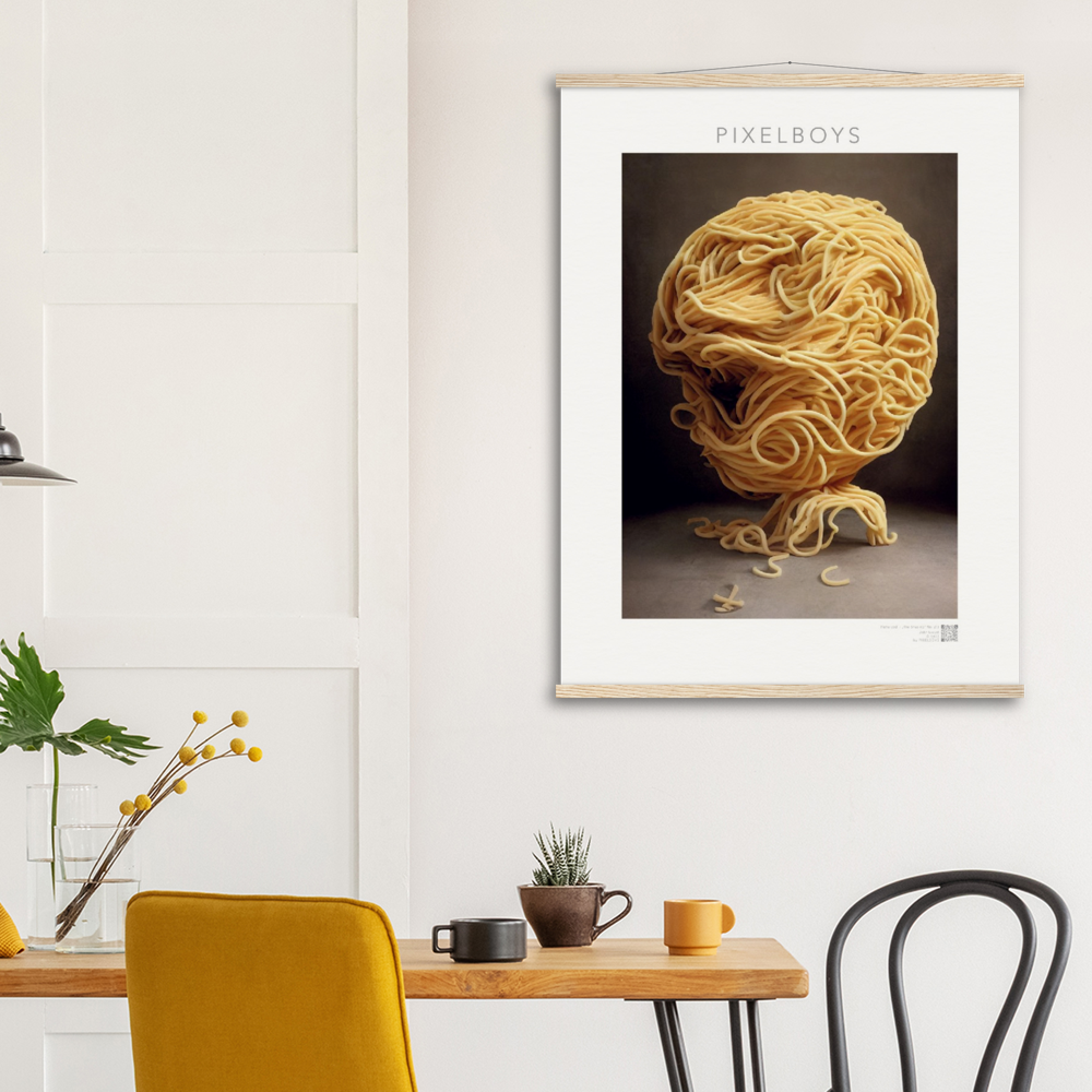 Poster mit Leisten (Holz) - Pastarized "The Shaping" - No.2 - Kunstwerk aus Nudeln - Kunst Marke - Pixelboys - Kunstdruck - Wandbild - Kunstdrucke - Papier: 250g/qm - Künstler: John Grayst & Pixelboys - Italienische Pasta Kunst - Küche- Italienisches Restaurant - China Restaurant - Japan Restaurant -  Pasta Liebe - Nudeln - Face - Atelier - Italien - Mailand - Neapel - Rom - Turin  