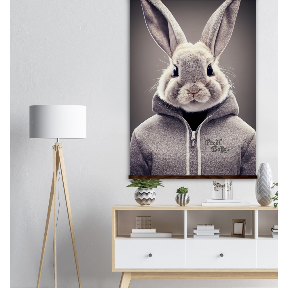 Poster mit Leisten (Holz) - Bunny in grey Hoodie - "Constantin" - Fashion Gang - Wandbild - Ostern - Geschenkidee - Osterhase - Bunny Crew: "Constantin" - "Caesar" - "Titus" - "Cleo" - Weisser Hase - Easter Bunny - Cute - grey Hoodie - sweats - Alice's Adventures in Wonderland - Modemarke - Pixelboys Brand - Constantin der Hase - Hase - Kaninchen  - Künstler: "Pixelboys" - Atelier - Germany - Berlin - Hamburg - Colgne - France - Paris - Italy - Rom - USA - America - New York City - Los Angeles - Chicago - 