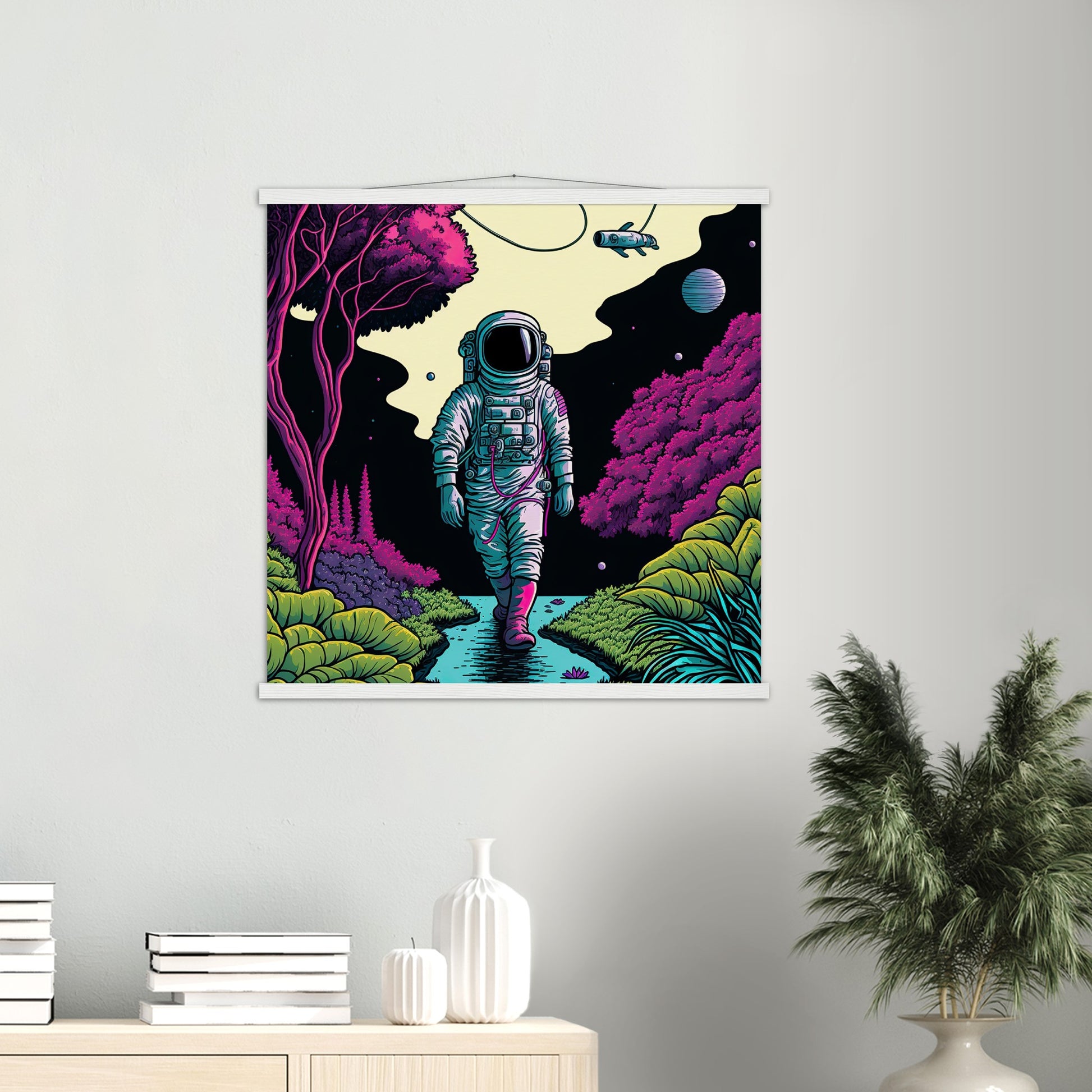 Poster mit Leisten (Holz) in Museumsqualität - Wandering Astronaut - Stephen - Illustration - Astronaut - Panorama - Rocketman - Posterleisten - USA - Fineart - Posterrahmen  - Wandkunst - Holzrahmen - Poster with frame - artwork - art brand - printed cup personalized - Holzleisten - pixelboys - Kunstdrucke - wandbilder - wall art - Kunst auf Tassen  - Office Poster - Gastrotassen - Wanddekoration - Acrylkunst - Geschenkidee - Office Poster - Acryldruck - Abstrakte Kunst -