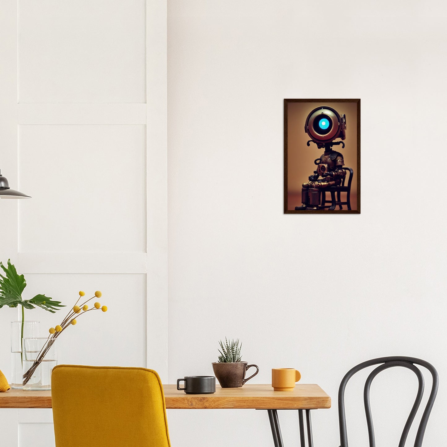 Poster mit Rahmen (Holz) - Museumsqualität -  Tiny robot with coffee - "Bobby" - Wandkunst - Papierdicke: 250g/qm - Customizable Coffee Cup - Personalized Gifts - Kunstdruck - Kleine Roboter - Acryldruck - Little Robots - Personalized Gifts - Tiny  - Steampunk - zukunft - Poster with frame - Kunstwerk - Office Poster - Poster mit Rahmen - Kaffee Tasse - Poster - Bedruckte Tassen - Kunst Marke - Art Brand - Wandbild - Kunstdrucke - Künstler: John Grayst & Pixelboys - emotional robots - Geschenkidee -