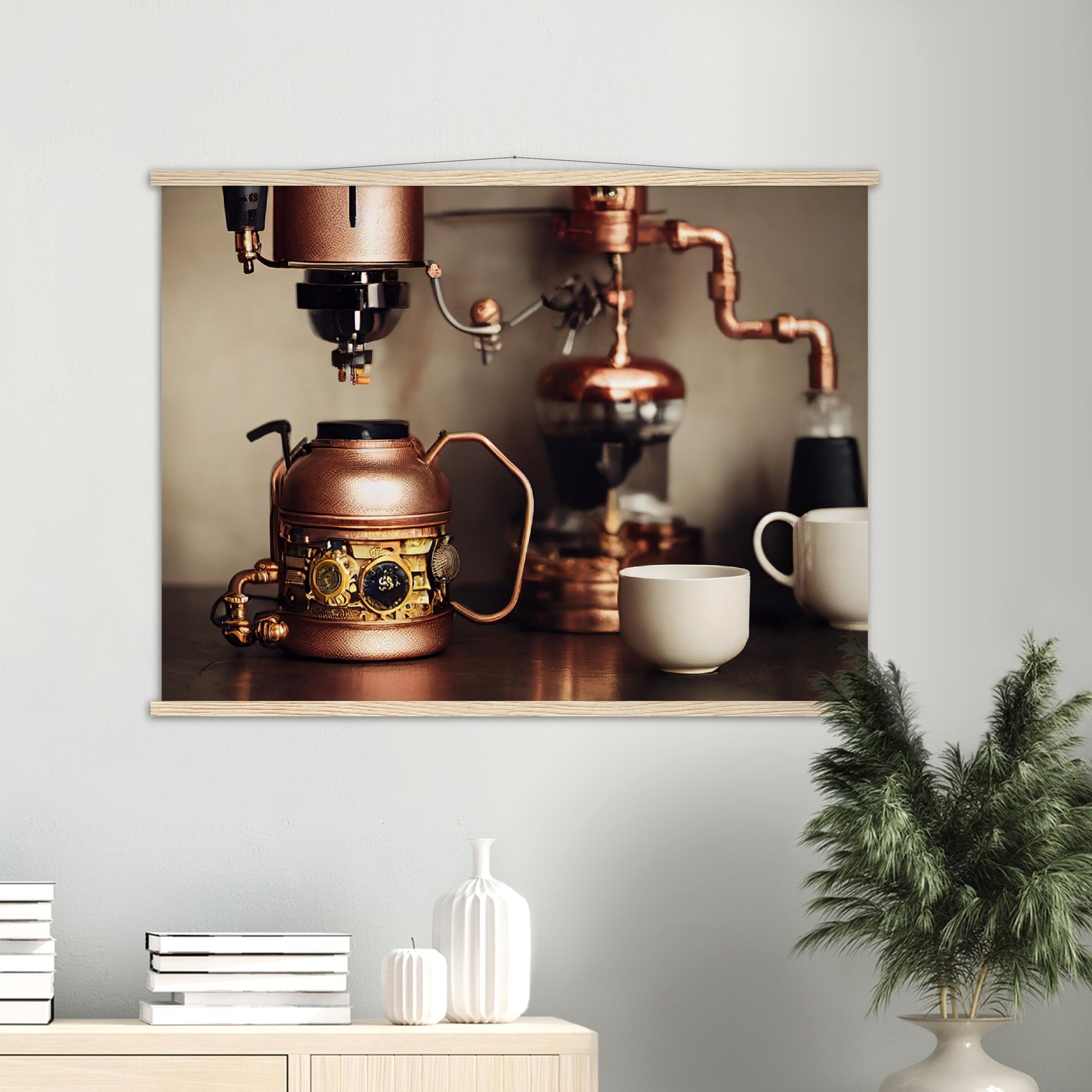 Poster mit Leisten (Holz) - in Museumsqualität - Steampunk - Coffee Maker - No.1 - Wandbild - Kunstwerk - Kunst auf Postern - Fine Art - Steampunk - Future - Maschine - Poster with frame - Office Poster - Art Brand - Pixelboys - Coffee House - Restaurant Poster - Schöner Wohnen - Dekoration - Wall Art - Kunstdruck - Geschenkidee - Kunst auf Acrylglas - Personalisierbare Tasse - Gastro Poster - Gewerbliche Poster - exklusiv