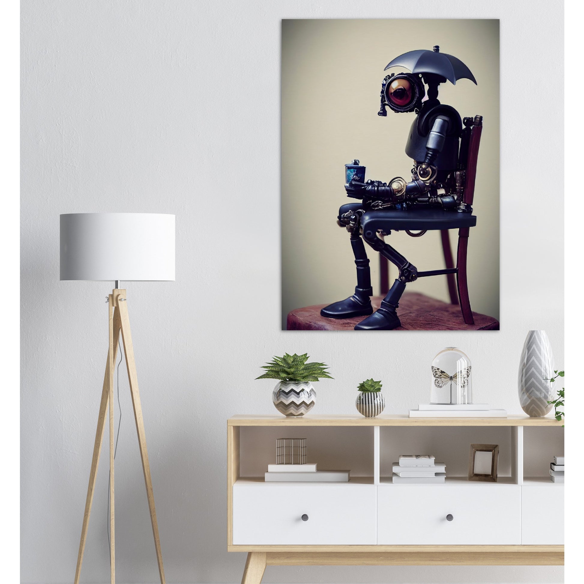 Poster in Museumsqualität - Tiny robot with an umbrella "Louis" - Regenschirm - Acryldruck - Wandkunst - Customizable Coffee Cup - Personalized Gifts - Kunstdruck - Kleine Roboter - Acryldruck - Little Robots - Personalized Gifts - Tiny  - Steampunk - zukunft - Poster with frame - Kunstwerk - Office Poster - Poster mit Rahmen - Kaffee Tasse - Poster - Bedruckte Tassen - Kunst Marke - Art Brand - Kunstdrucke - Künstler: John Grayst & Pixelboys - emotional robots - Geschenkidee -