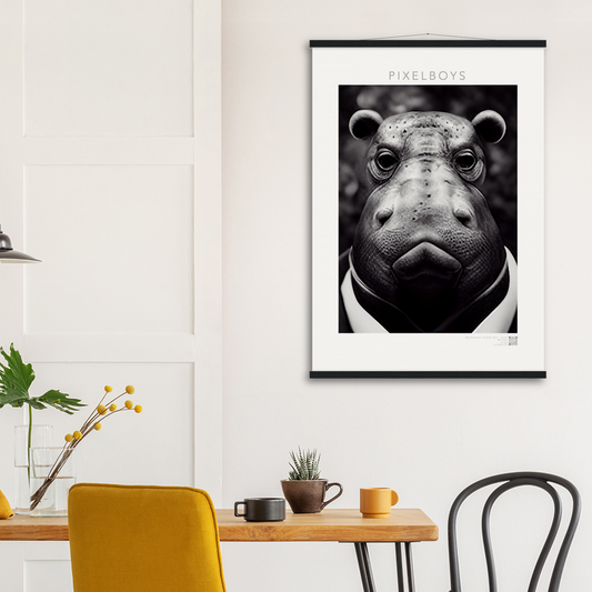 Poster mit Leisten (Holz) - "He doesn't like it." - Business Animals No. 3 "Herbert das Nilpferd" - Künstler: "John Grayst" Kunstdruck - Wandbild - Pixelboys - Atelier - Milano - Berlin - Munich - Madrid - New York - Dubai - Paris - Tokio - Rom - Lisbon - Ottawa - Bern Switzerland - Amsterdam - Seoul - Vancouver - Antwerpen - Cologne - Wellington