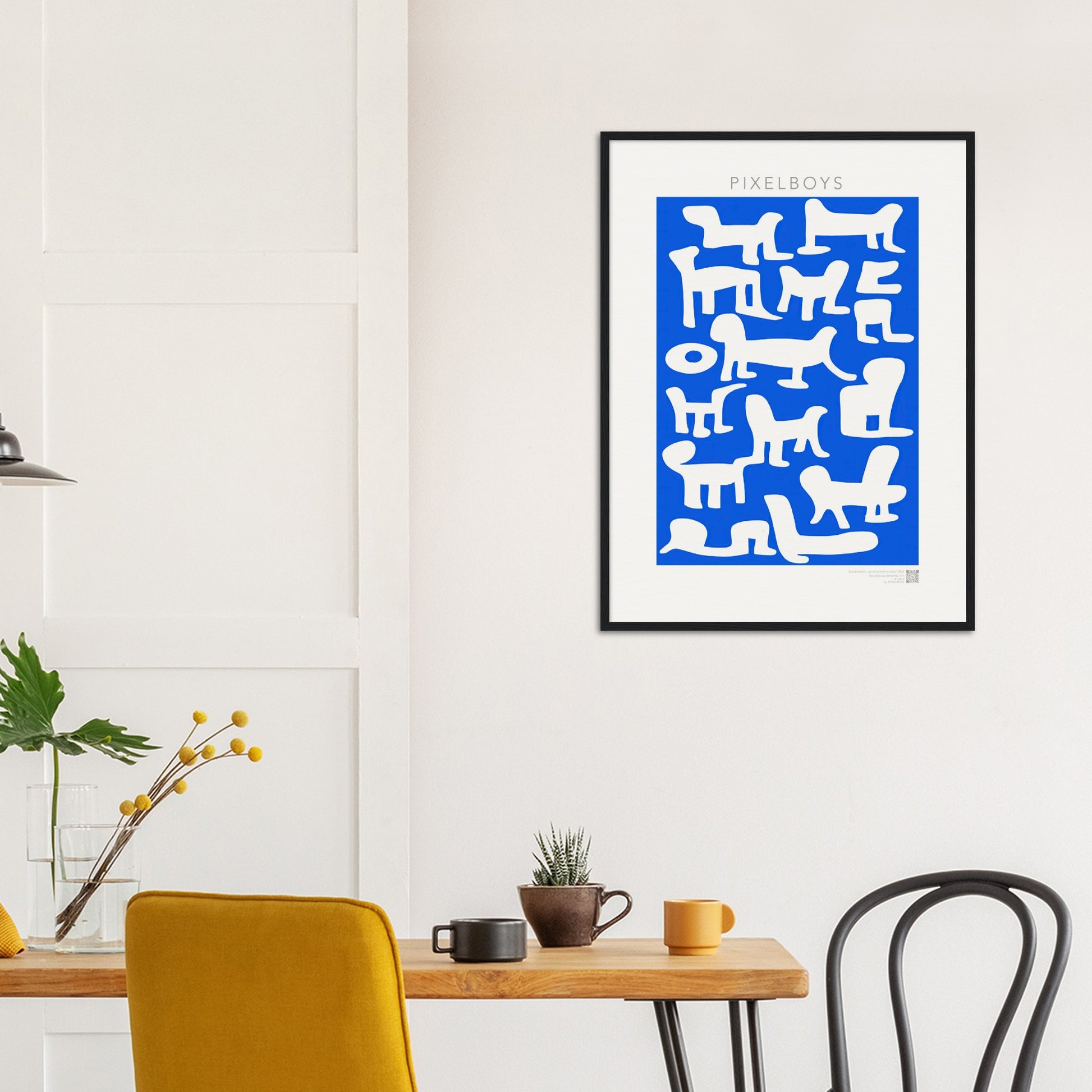 Poster mit Rahmen (Holz) - in Museumsqualität - Doodlemania "weird animals on blue" - No.1 - Holzrahmen - Hunde - Katzen - Doodle Kunst - Poster mit Rahmen - doodle artwork - Acrylbild - Kunstdruck - Wandbild - office Poster - Poster with frame -  Künstler: Pixelboys & The Unknown Artist Nb.517 - keith haring - anti stress art - Art Brand - 