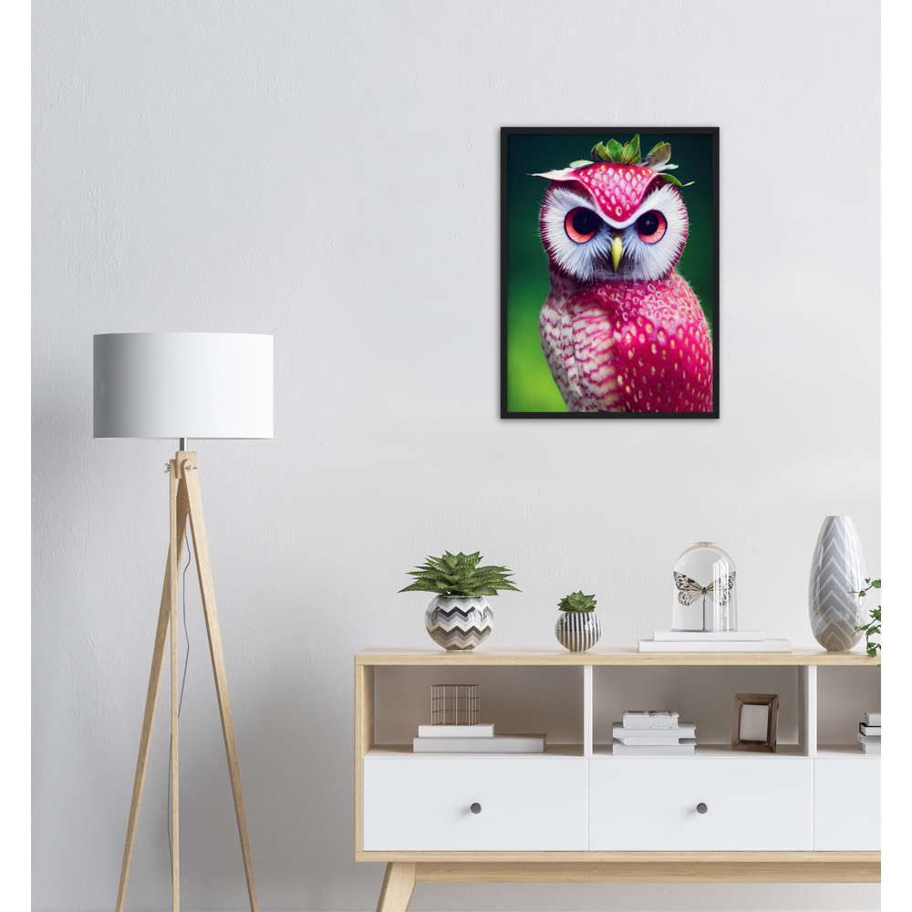 Poster in Rahmen (Holz) - Fruit Owl No. 2 - "Berry", the Strawberry Owl - Serie Fruit Owls - Wandkunst - Kunstdruck - (fiktiv: lat.  Pulsatrix Fragaria) - Erdbeere - Schleiereulen - Fruchteulen - Vogel - Bird - Strigiformes - Noctua - Ornithologie - Kunstwerk  - Office Poster - Poster mit Rahmen - Kaffee Tasse - Poster mit Leisten - Bedruckte Tassen - Kunst Marke - Art Brand - Acrylbild - Wandbild - Kunstdrucke - Papier: 250g/qm - Künstler: John Grayst & Pixelboys - Eulen - Owl - Geschenkidee - 