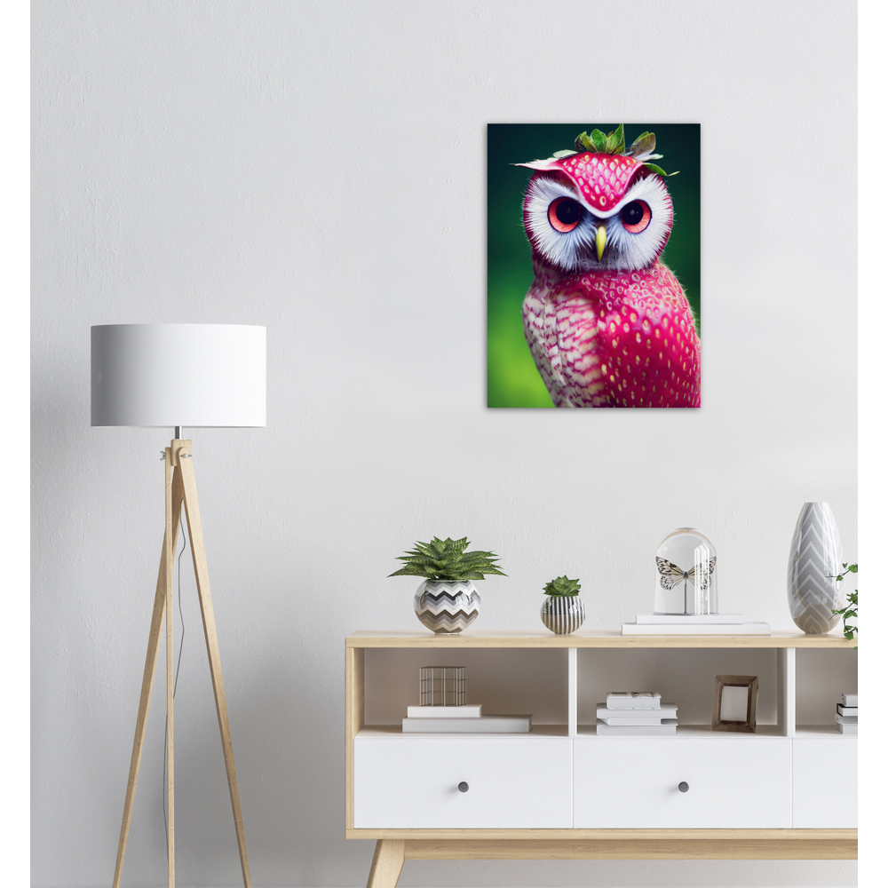 Poster in Museumsqualität - Fruit Owl No. 2 - "Berry", the Strawberry Owl - Serie Fruit Owls - Wandkunst - Kunstdruck - (fiktiv: lat.  Pulsatrix Fragaria) - Erdbeere - Schleiereulen - Fruchteulen - Vogel - Bird - Strigiformes - Noctua - Ornithologie - Kunstwerk  - Office Poster - Poster mit Rahmen - Kaffee Tasse - Poster mit Leisten - Bedruckte Tassen - Kunst Marke - Art Brand - Acrylbild - Wandbild - Kunstdrucke - Papier: 250g/qm - Künstler: John Grayst & Pixelboys - Eulen - Owl - Geschenkidee - 