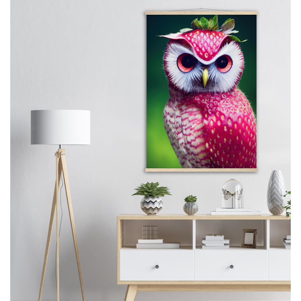 Poster mit Leisten (Holz) - Fruit Owl No. 2 - "Berry", the Strawberry Owl - Serie Fruit Owls - Wandkunst - Kunstdruck - (fiktiv: lat.  Pulsatrix Fragaria) - Erdbeere - Schleiereulen - Fruchteulen - Vogel - Bird - Strigiformes - Noctua - Ornithologie - Kunstwerk  - Office Poster - Poster mit Rahmen - Kaffee Tasse - Poster mit Leisten - Bedruckte Tassen - Kunst Marke - Art Brand - Acrylbild - Wandbild - Kunstdrucke - Papier: 250g/qm - Künstler: John Grayst & Pixelboys - Eulen - Owl - Geschenkidee - 