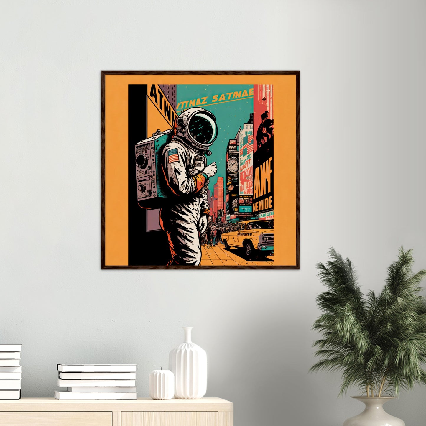 Poster mit Holzrahmen in Museumsqualität - Astronaut at the NY Time Square - Illustration - Astronaut - New York - Rocketman - Posterleisten - USA - Fineart - Posterrahmen  - Wandkunst - Holzrahmen - Poster with frame - artwork - art brand - printed cup personalized - Holzleisten - pixelboys - Kunstdrucke - wandbilder - wall art - Kunst auf Tassen  - Office Poster - Gastrotassen - Wanddekoration - Acrylkunst - Geschenkidee - Office Poster - Acryldruck - Abstrakte Kunst -