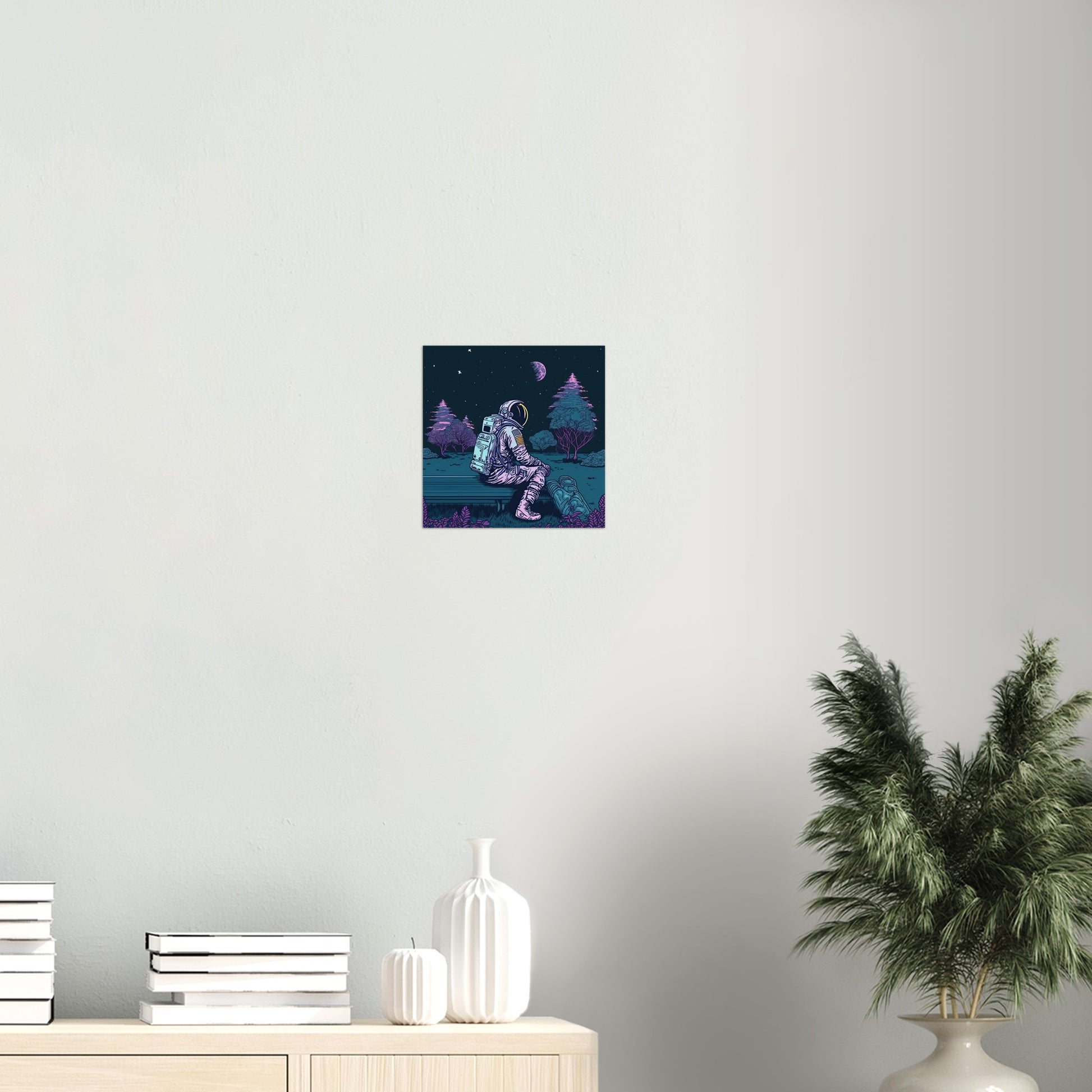 Poster in Museumsqualität - Stargazing Astronaut - John - Illustration - Astronaut - Parkbank - Rocketman - Posterleisten - USA - Fineart - Posterrahmen  - Wandkunst - Holzrahmen - Poster with frame - artwork - art brand - printed cup personalized - Holzleisten - pixelboys - Kunstdrucke - wandbilder - wall art - Kunst auf Tassen  - Office Poster - Gastrotassen - Wanddekoration - Acrylkunst - Geschenkidee - Office Poster - Acryldruck - Abstrakte Kunst -