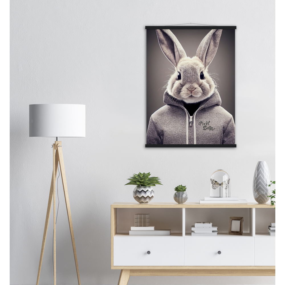 Poster mit Leisten (Holz) - Bunny in grey Hoodie - "Constantin" - Fashion Gang - Wandbild - Ostern - Geschenkidee - Osterhase - Bunny Crew: "Constantin" - "Caesar" - "Titus" - "Cleo" - Weisser Hase - Easter Bunny - Cute - grey Hoodie - sweats - Alice's Adventures in Wonderland - Modemarke - Pixelboys Brand - Constantin der Hase - Hase - Kaninchen  - Künstler: "Pixelboys" - Atelier - Germany - Berlin - Hamburg - Colgne - France - Paris - Italy - Rom - USA - America - New York City - Los Angeles - Chicago - 