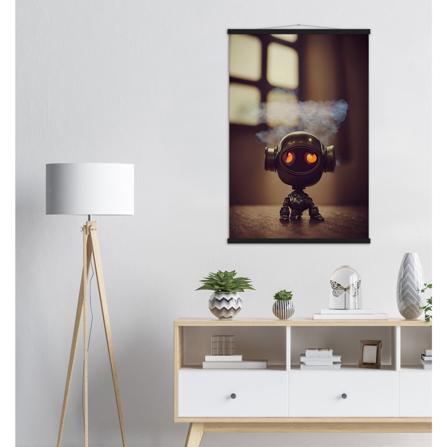 Poster mit Leisten (Holz) in Museumsqualität - Tiny robot - with smoke around his head - "Tiny Tim" - Wandbild - Customizable Coffee Cup - Personalized Gifts - Kunstdruck - Rauchender Roboter - Steampunk - Acryldruck - Smoking Robots - Personalized Gifts - Poster with frame - Wall Art - - zukunft - Kunstwerk - Office Poster - Poster mit Rahmen - Kaffee Tasse  - Bedruckte Tassen - Kunst Marke - Art Brand - Wandbild - Kunstdrucke - Künstler: John Grayst & Pixelboys - emotional robots - Geschenkidee 