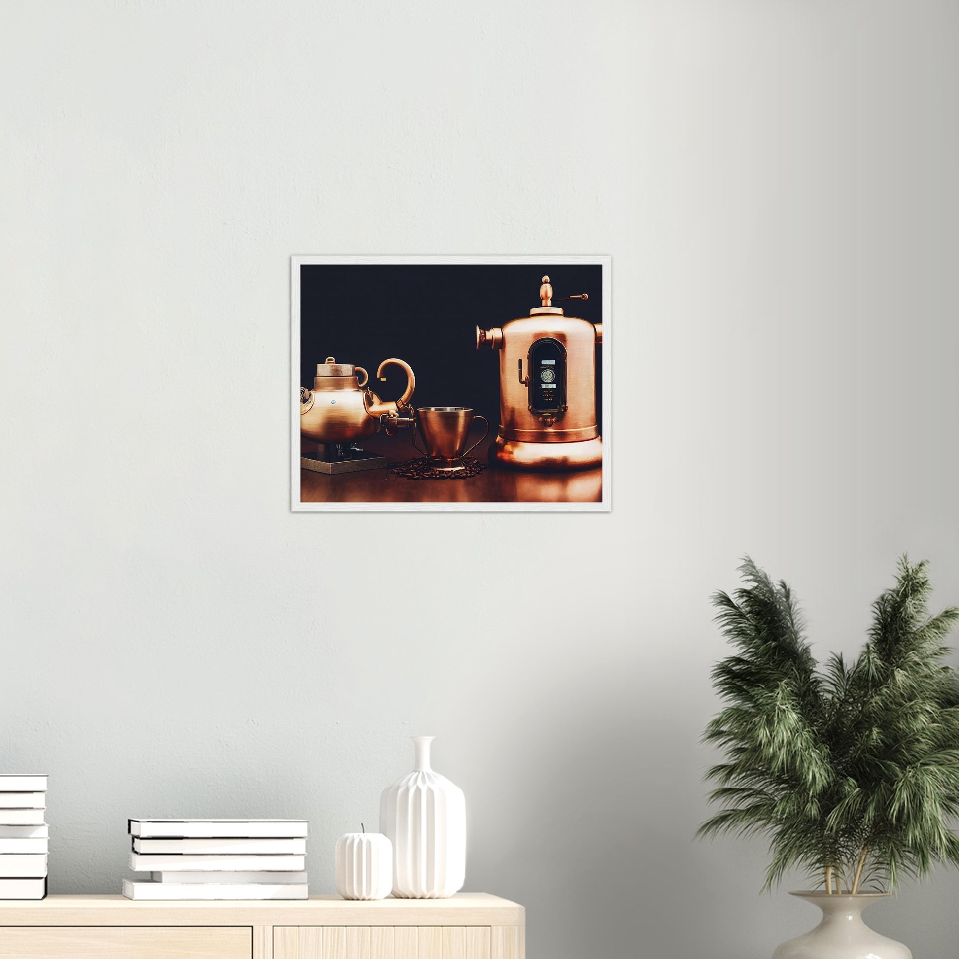 Poster mit Rahmen (Holz) - in Museumsqualität - Steampunk - Coffee Maker - No.4 - Collection Cup - Pixelboys - Wandbild - Kunstwerk - Hotelkunst - Kunst auf Postern - Fine Art - Steampunk - Future - Maschine - Poster with frame - Office Poster - Art Brand - Pixelboys - Coffee House - Restaurant Poster - Wall Art - Kunstdruck - Geschenkidee - Kunst auf Acrylglas - Future Coffee Cup - Personalisierbare Tasse - Gastro Tasse - exklusiv - Gastronomie Poster - Hotelposter - Steam Punk Kitchen - Acryldruck